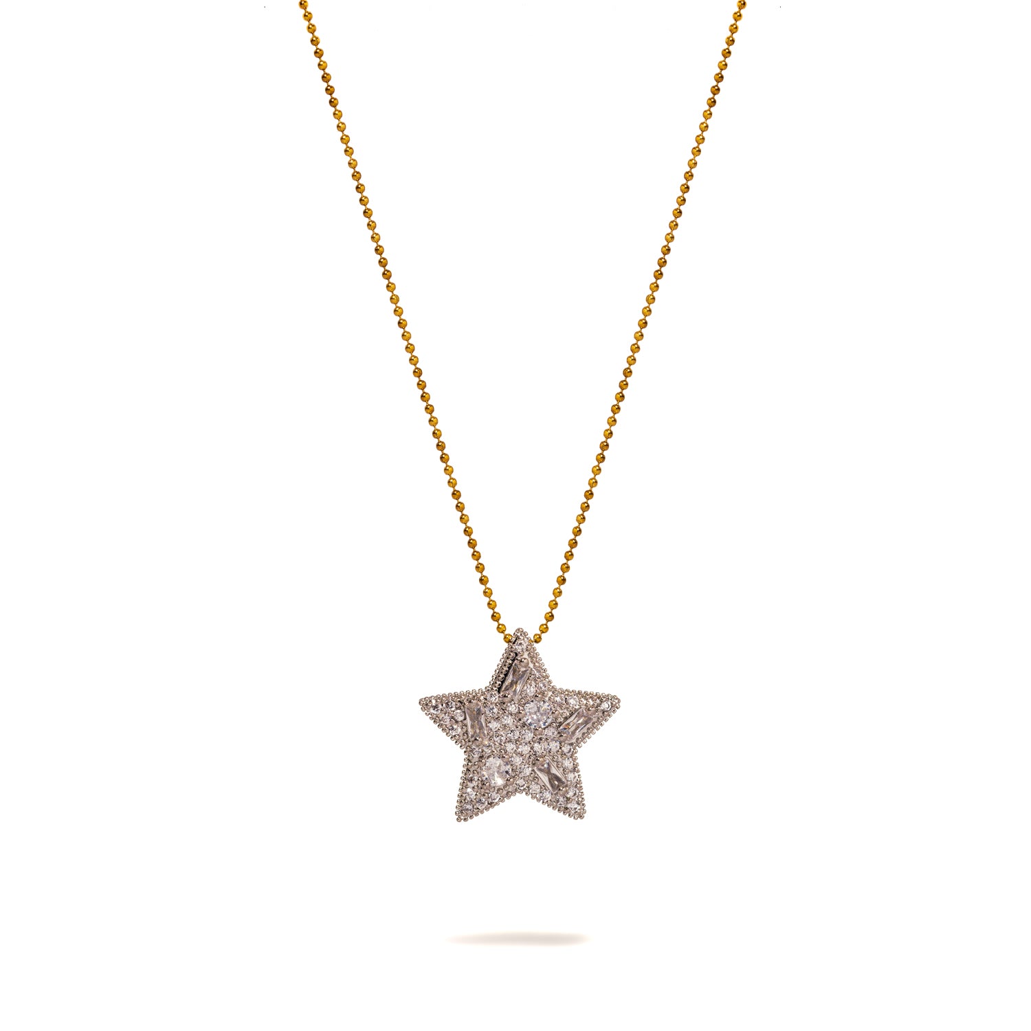 Sparkling Star Necklace in 18K Gold with CZ Diamonds and Baguette Details for Timeless Glamour