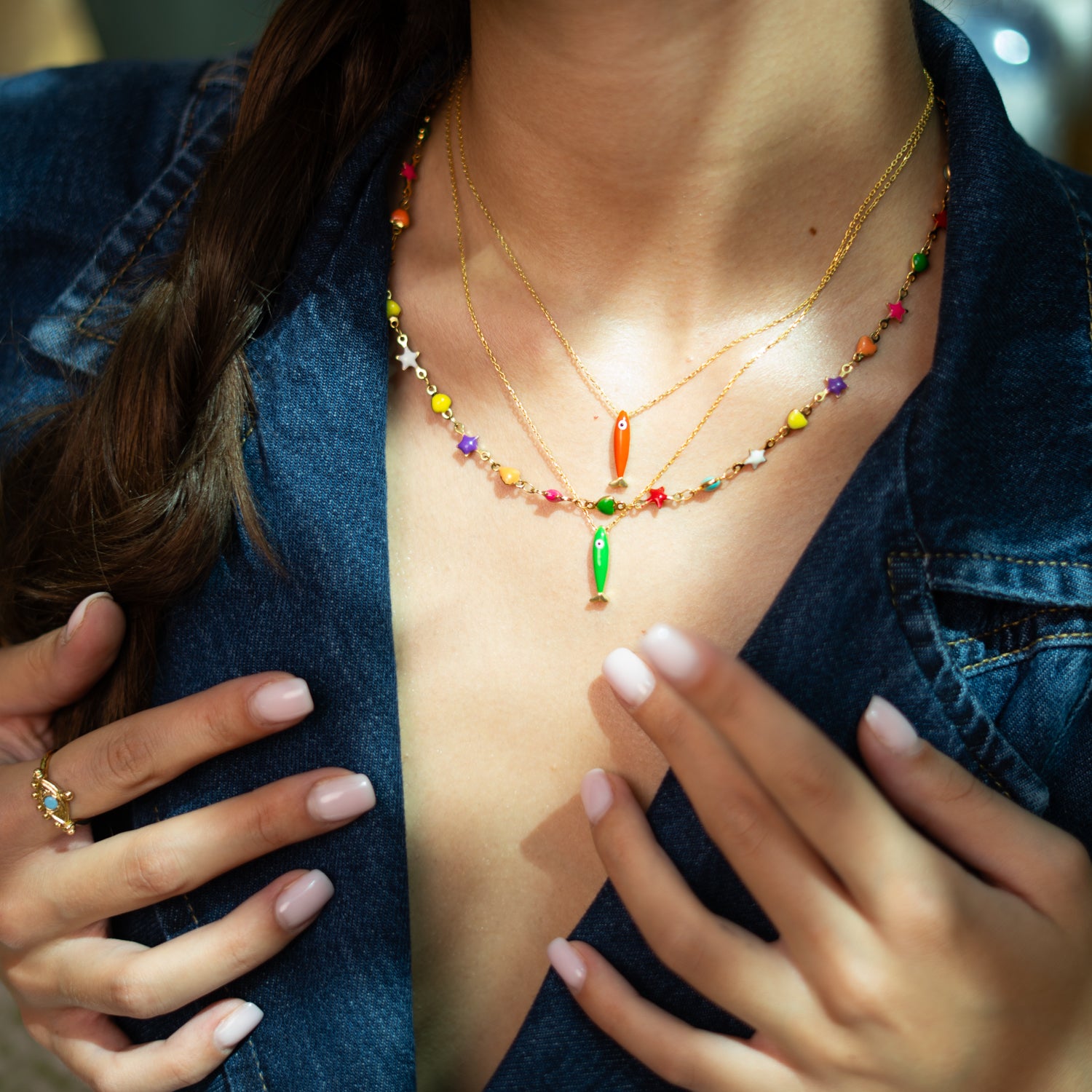 Spirit Fish Green Enamel Gold Necklace