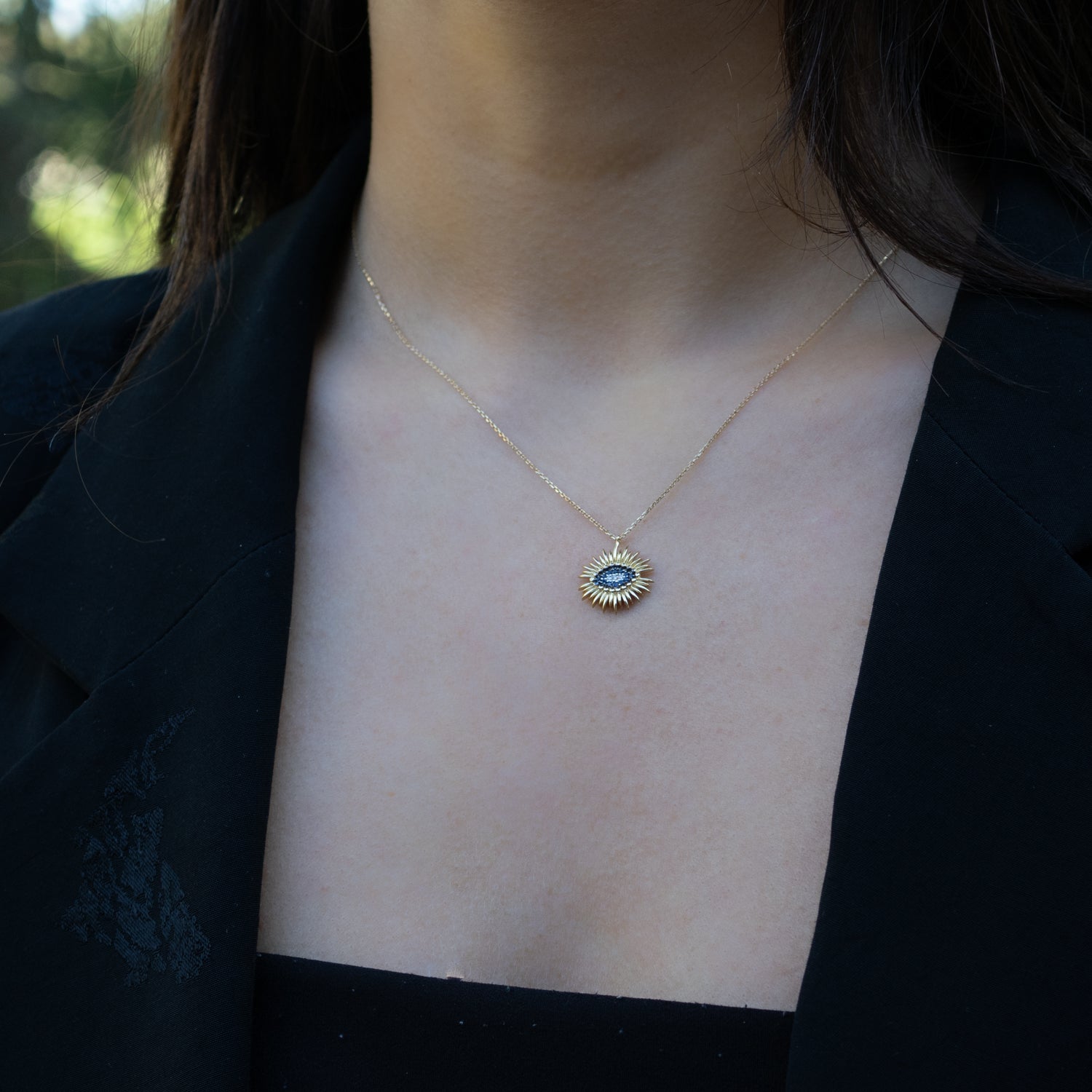 14K solid gold evil eye necklace with diamond and sapphire