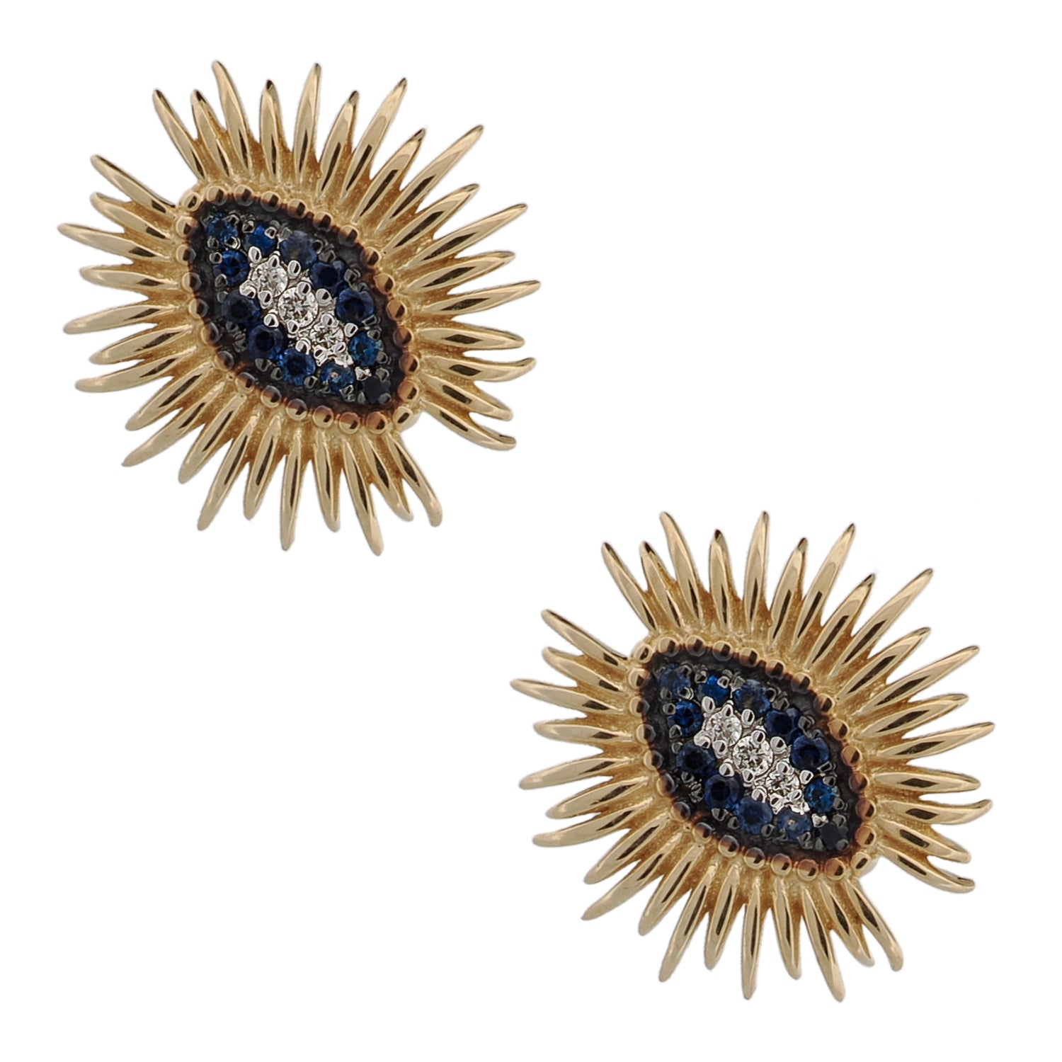Handmade gold stud earrings with sapphire and diamond center