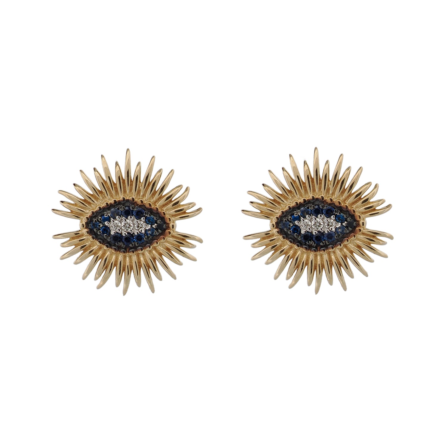 14K gold evil eye stud earrings with diamonds and sapphires