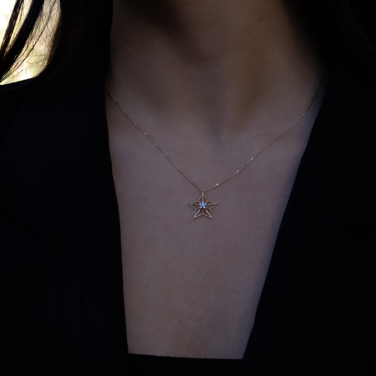 14K solid gold necklace with star-shaped pendant and floral diamond center symbolizing guidance