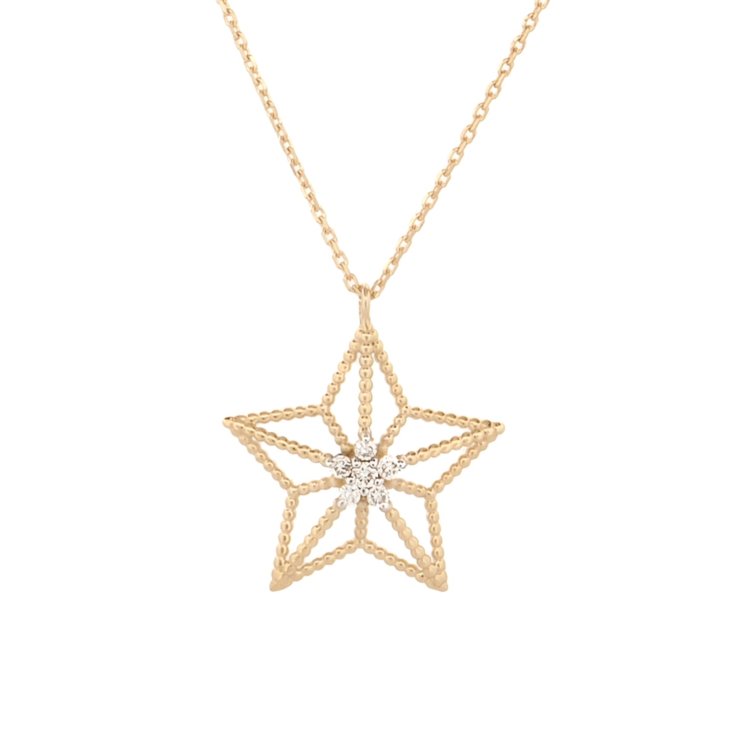 A gold necklace featuring a star-shaped pendant with a central diamond, suspended from a sleek gold chain.