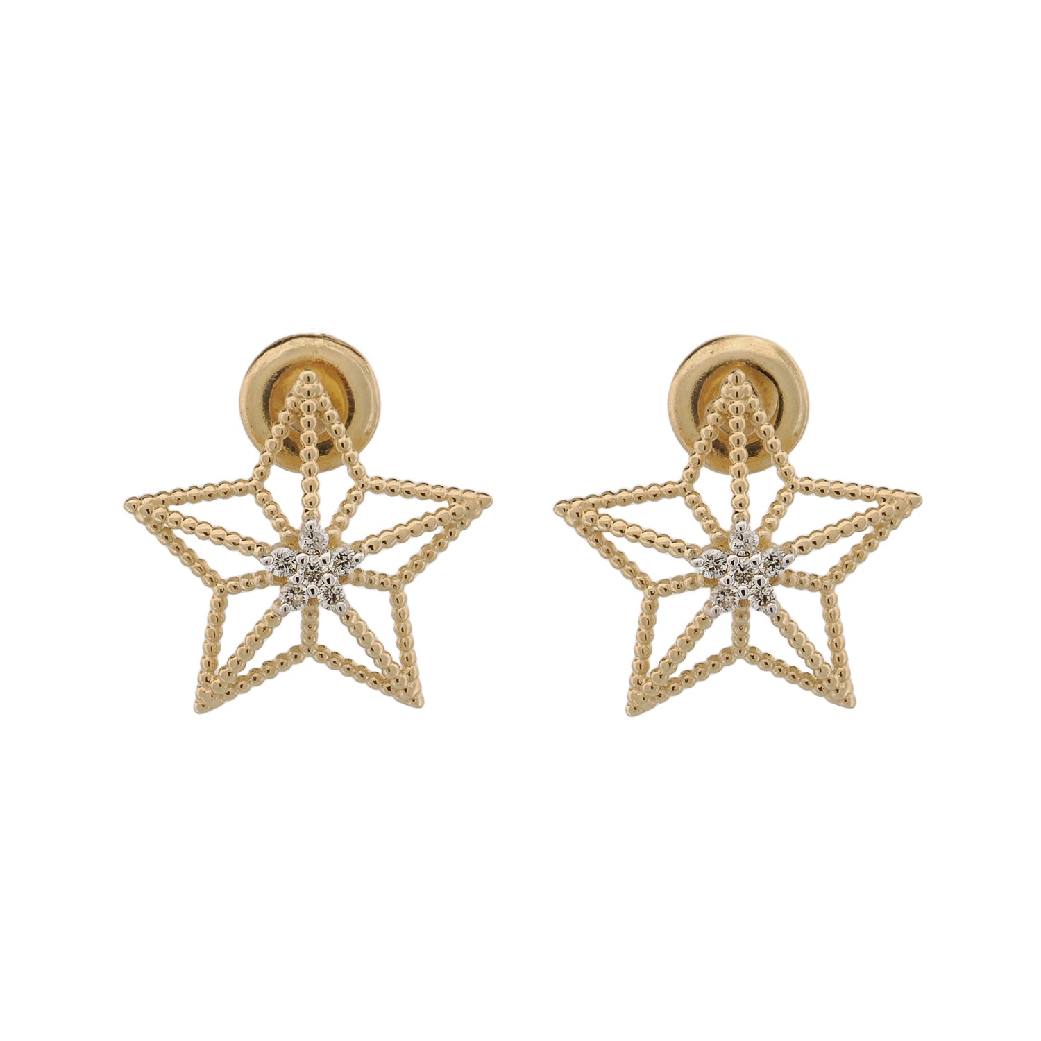 A pair of gold stud earrings featuring a star-shaped design with a central diamond, floral motifs, and gold accents.