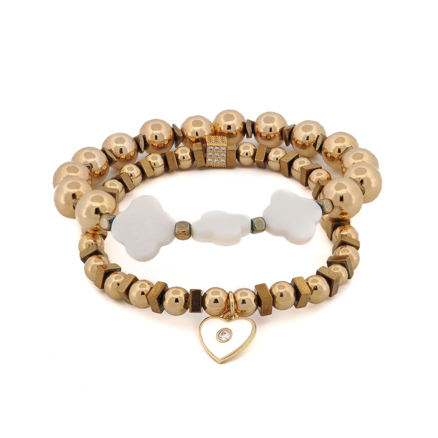 Spiritual Heart and Lucky Clover gold beaded bracelet set on white background