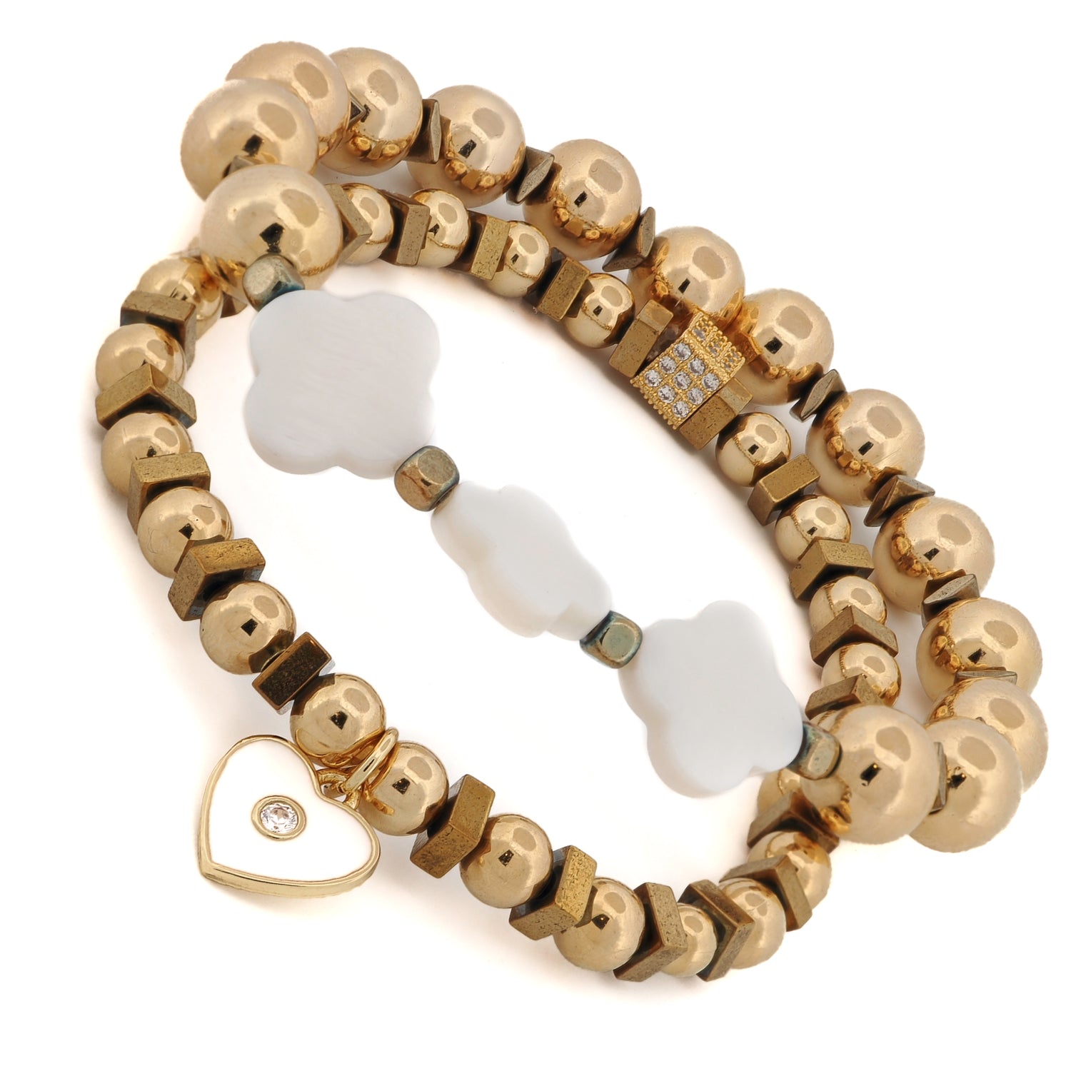 Elegant gold and white bracelet set symbolizing love, luck, and spiritual connection