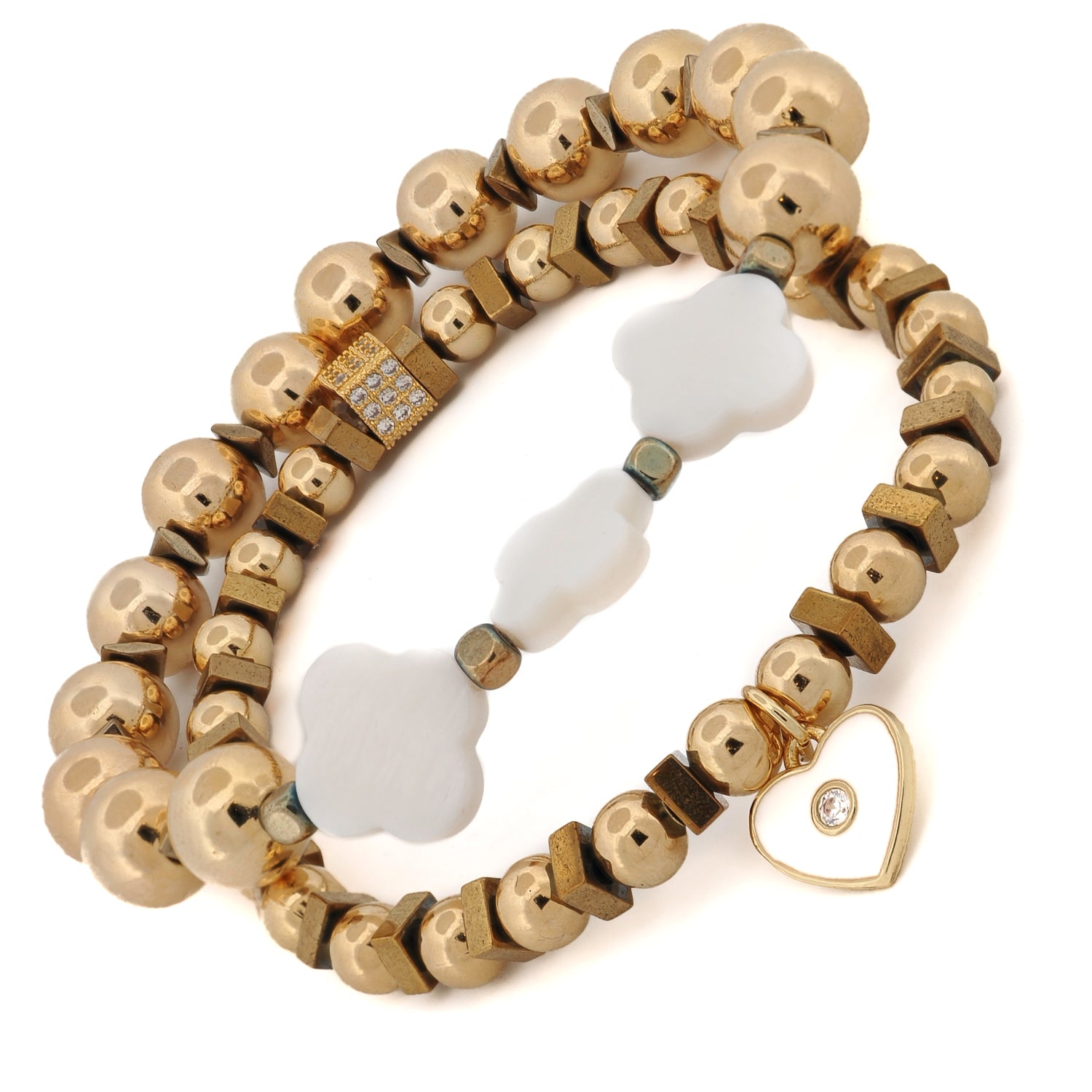 Bracelet stack featuring mother-of-pearl clover beads for balance and harmony