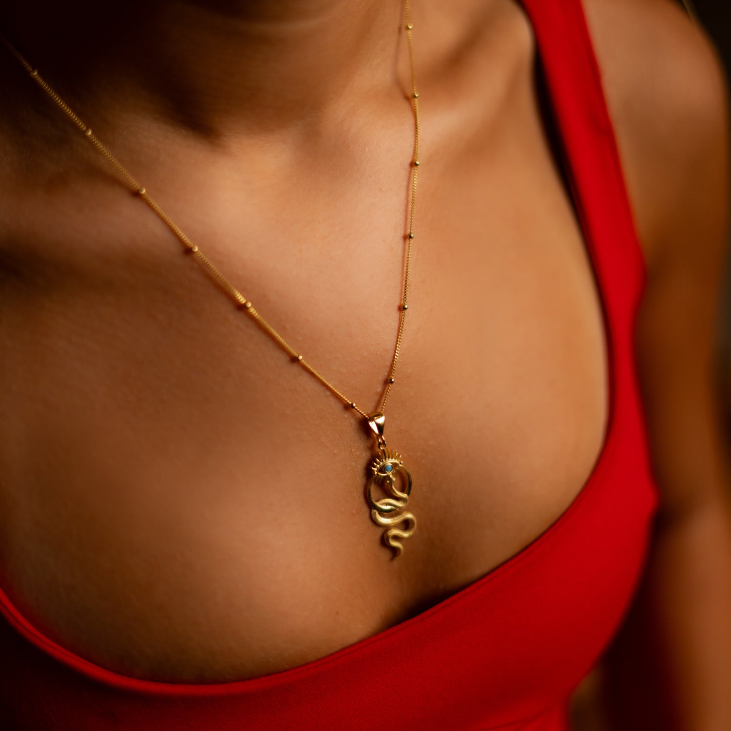 Gold Necklace with Spiritual Snake and Evil Eye Pendant for Protection, Good Luck, and Style