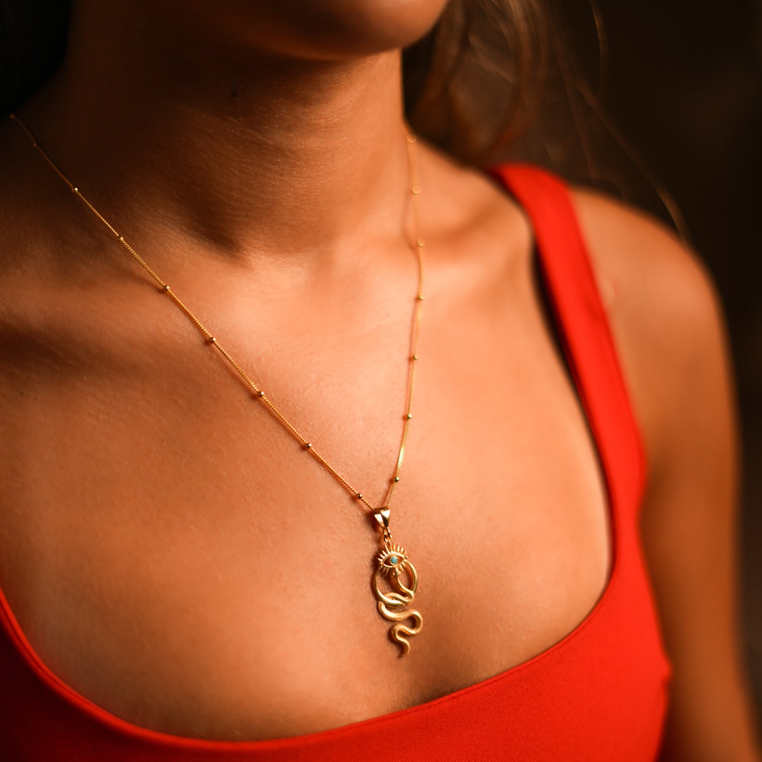 Gold Necklace with Evil Eye and Snake Pendant in 18K Gold for Spiritual Guidance and Protection