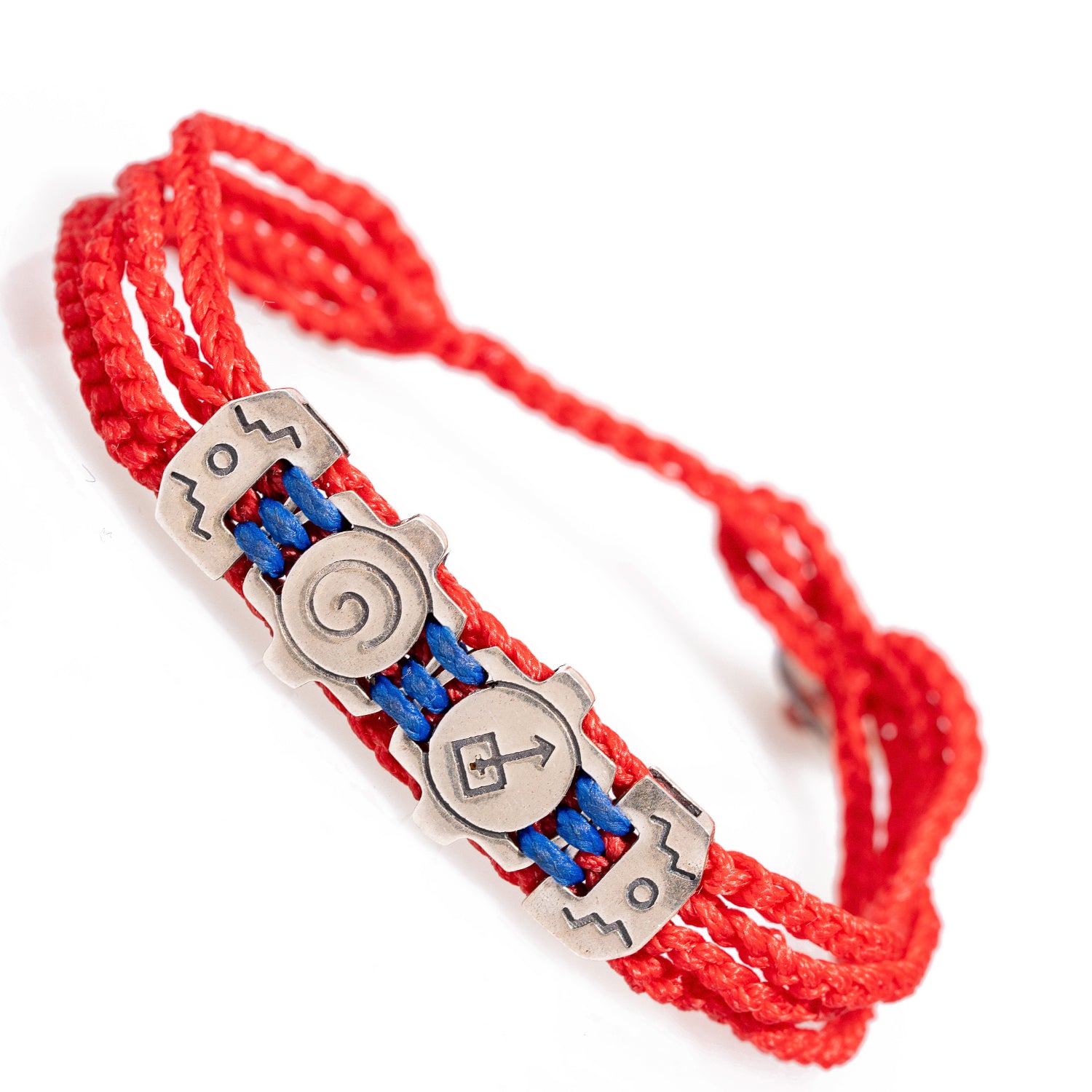 Close-up of a red rope bracelet with 925 sterling silver charms and an adjustable unisex design.