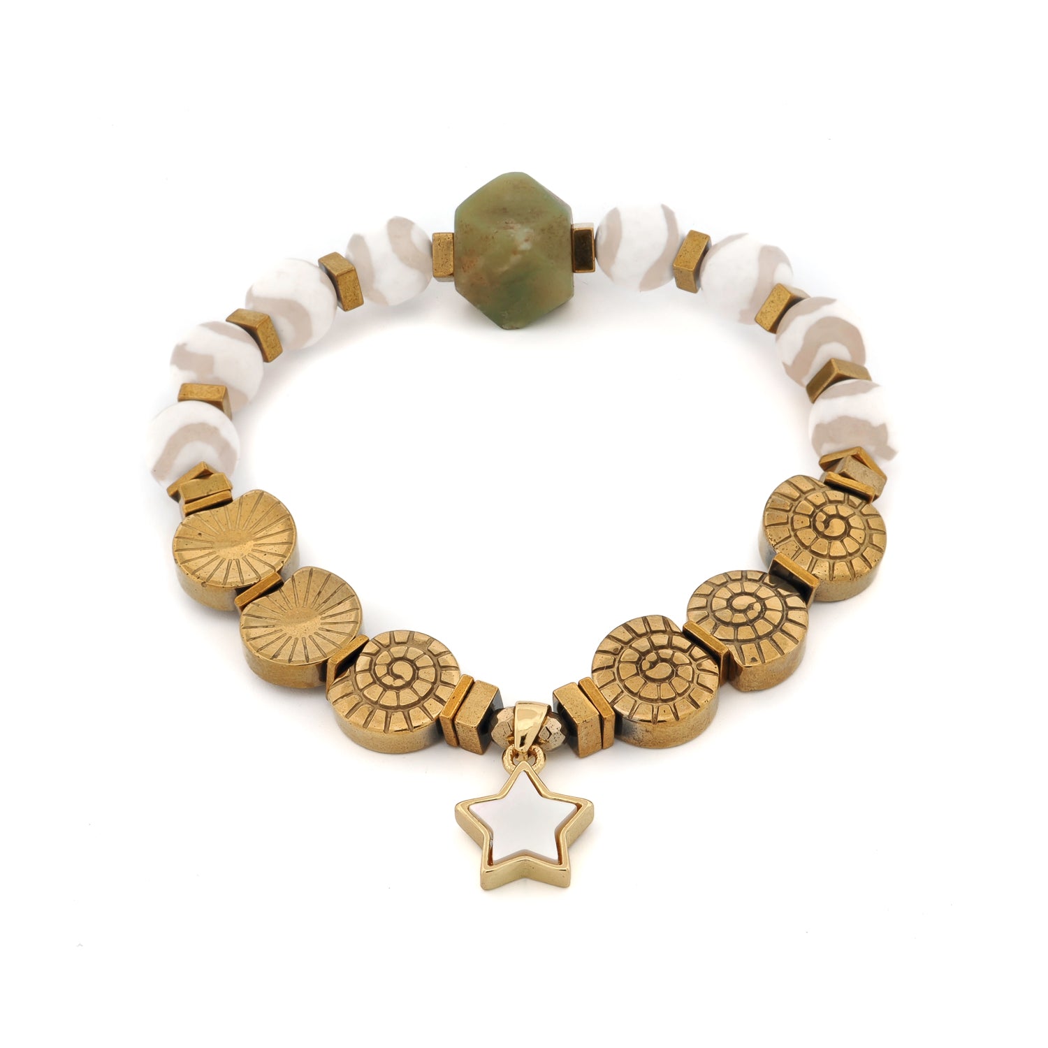 Spiritual Star Tibetan agate and jade bracelet with white enamel star charm on white background