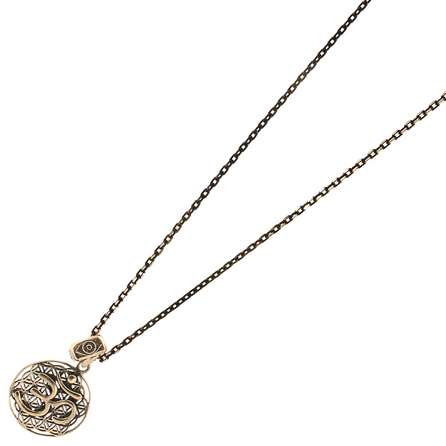 The Spiritual Symbols Om Necklace, a meaningful piece of handmade jewelry that combines spiritual symbols of protection, good luck, and wisdom.