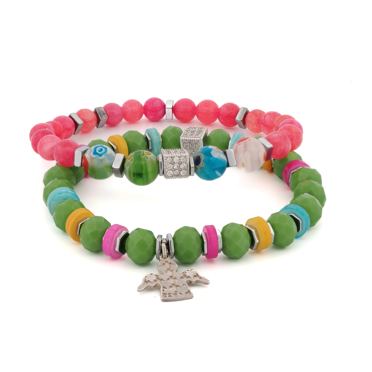 Spring Vibes angel charm bracelet set with pink jade and green crystal beads on white background