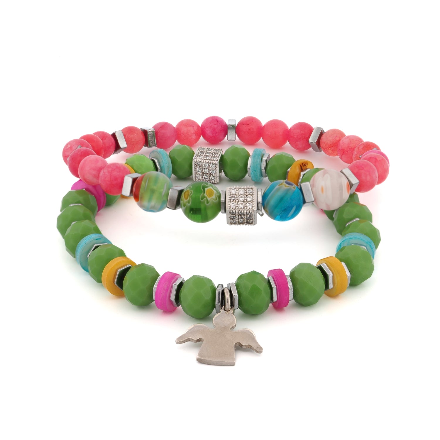 Wrist view of colorful protection bracelet set with pastel gemstone beads