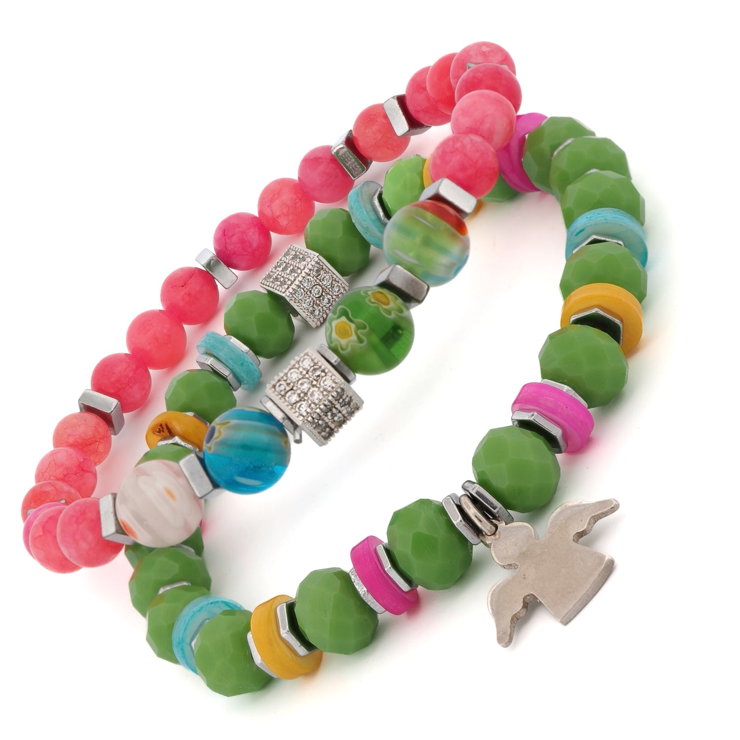 Colorful beaded bracelet duo with pink jade, green crystals, and CZ diamond accents