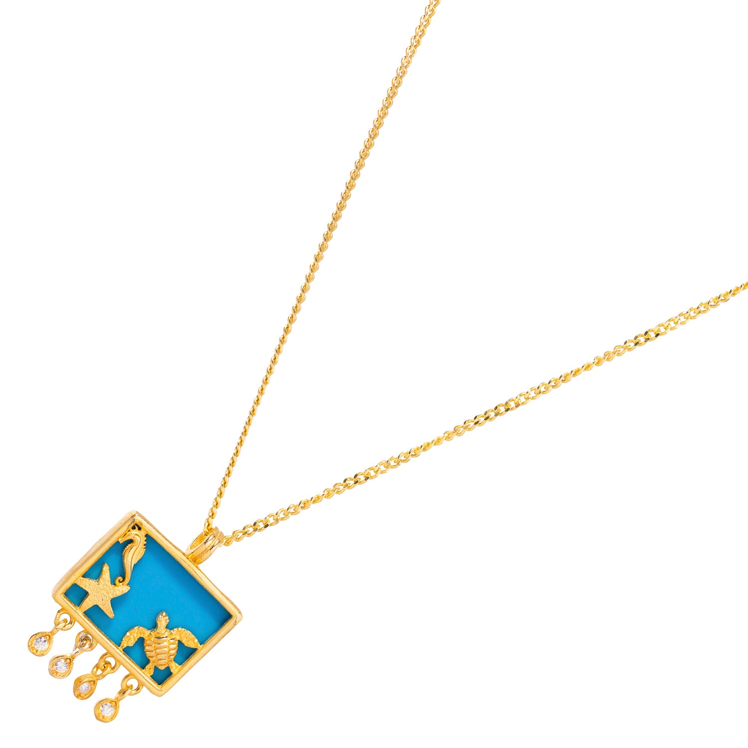 Gold Ocean Spirit Pendant Necklace with Starfish, Seahorse, and Turtle on Turquoise for a Chic Look