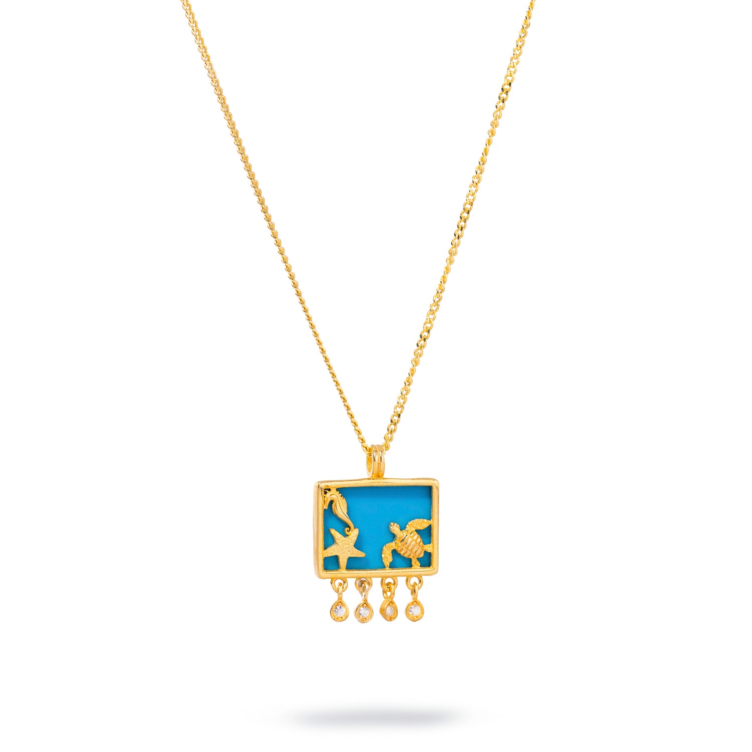 18K Gold-Plated Starfish Ocean Spirit Necklace with Turquoise, Turtle, Seahorse, and Diamond Accents