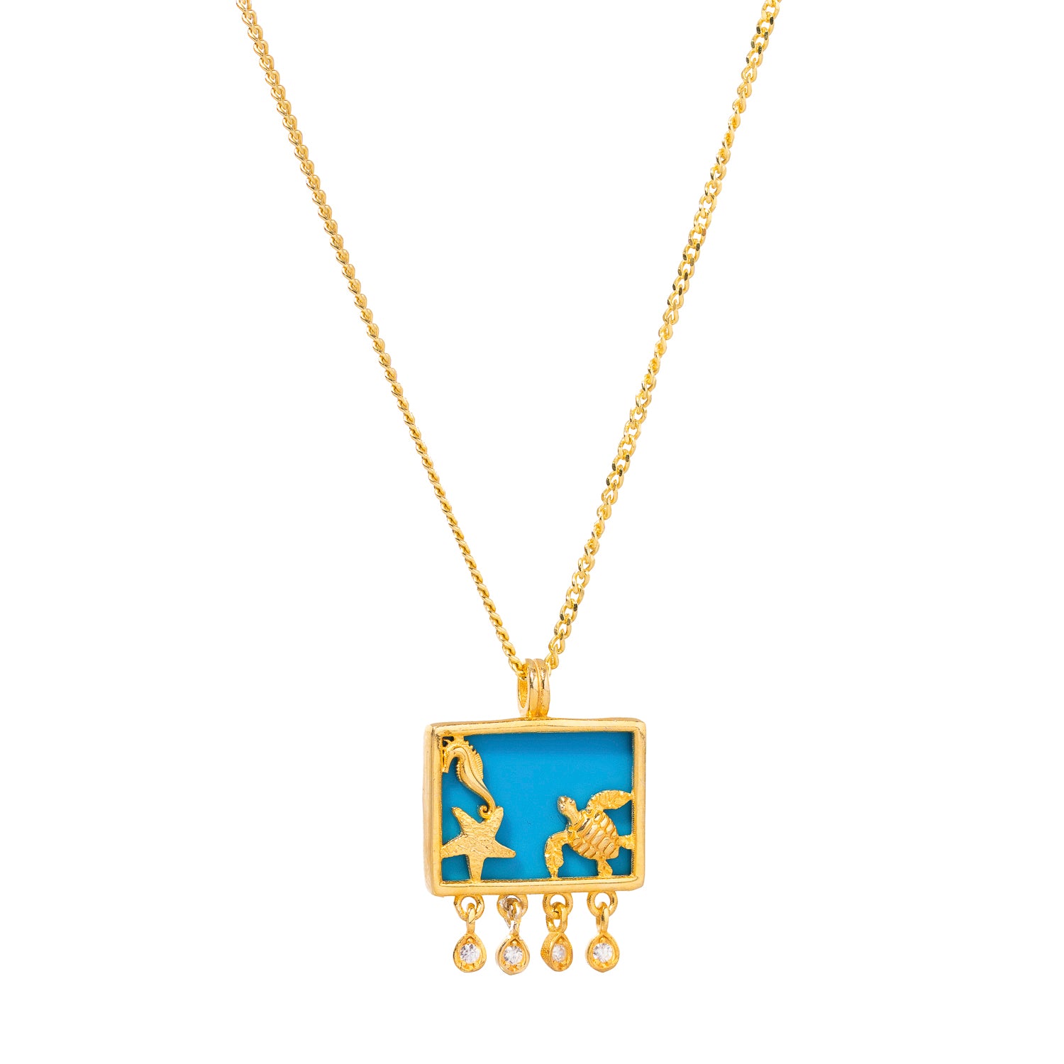 Gold-Plated Starfish Necklace with Seahorse, Turtle, and Turquoise for Spiritual Meaning and Style