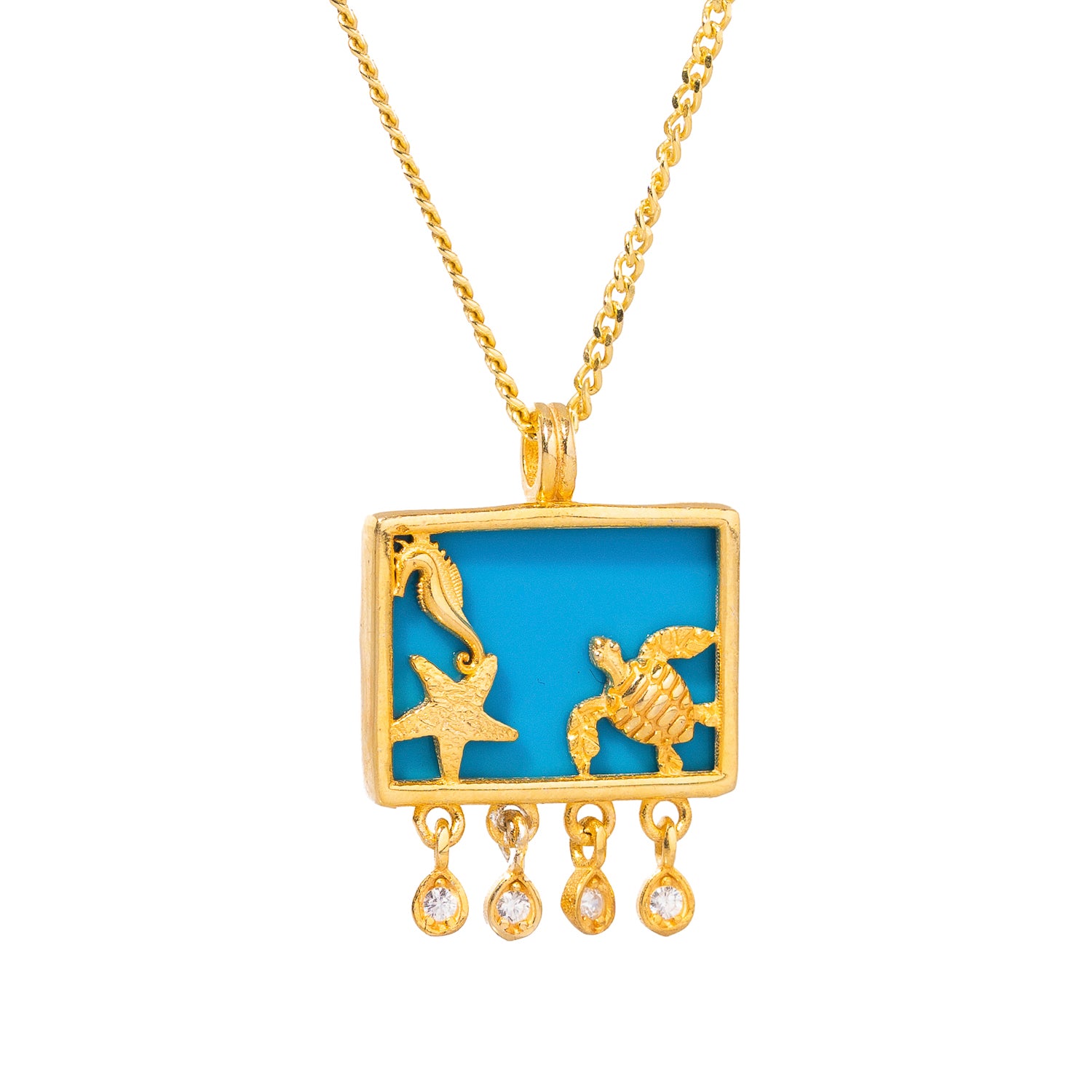 Handcrafted 18K Gold Ocean Spirit Necklace with Turtle, Seahorse, and Starfish Motifs on Turquoise Background