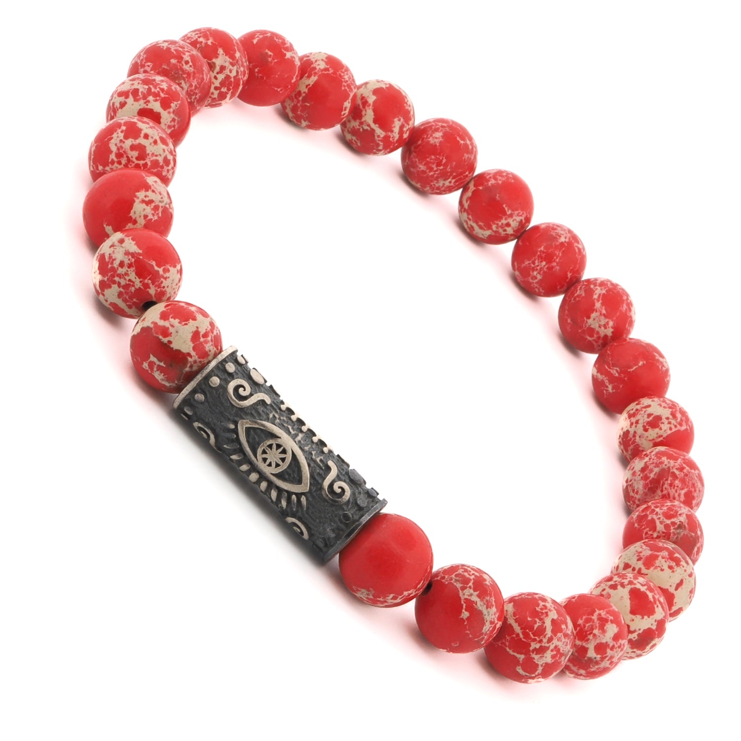 Stretchy 7.5-inch red jasper bracelet with a symbolic sterling silver Evil Eye charm for daily protection.