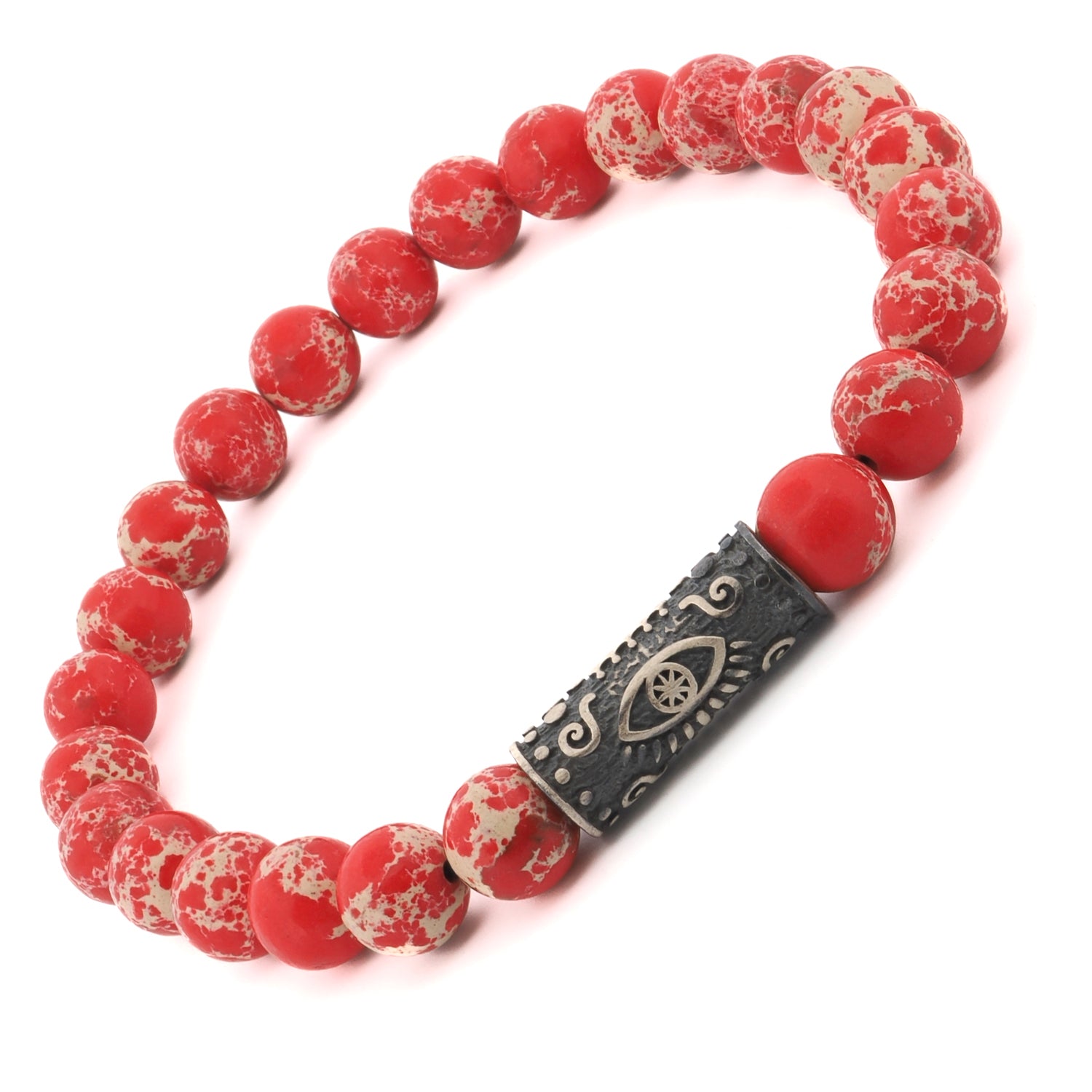 Unique handmade bracelet with 8mm red jasper stones and a sterling silver Evil Eye bead for spiritual empowerment.