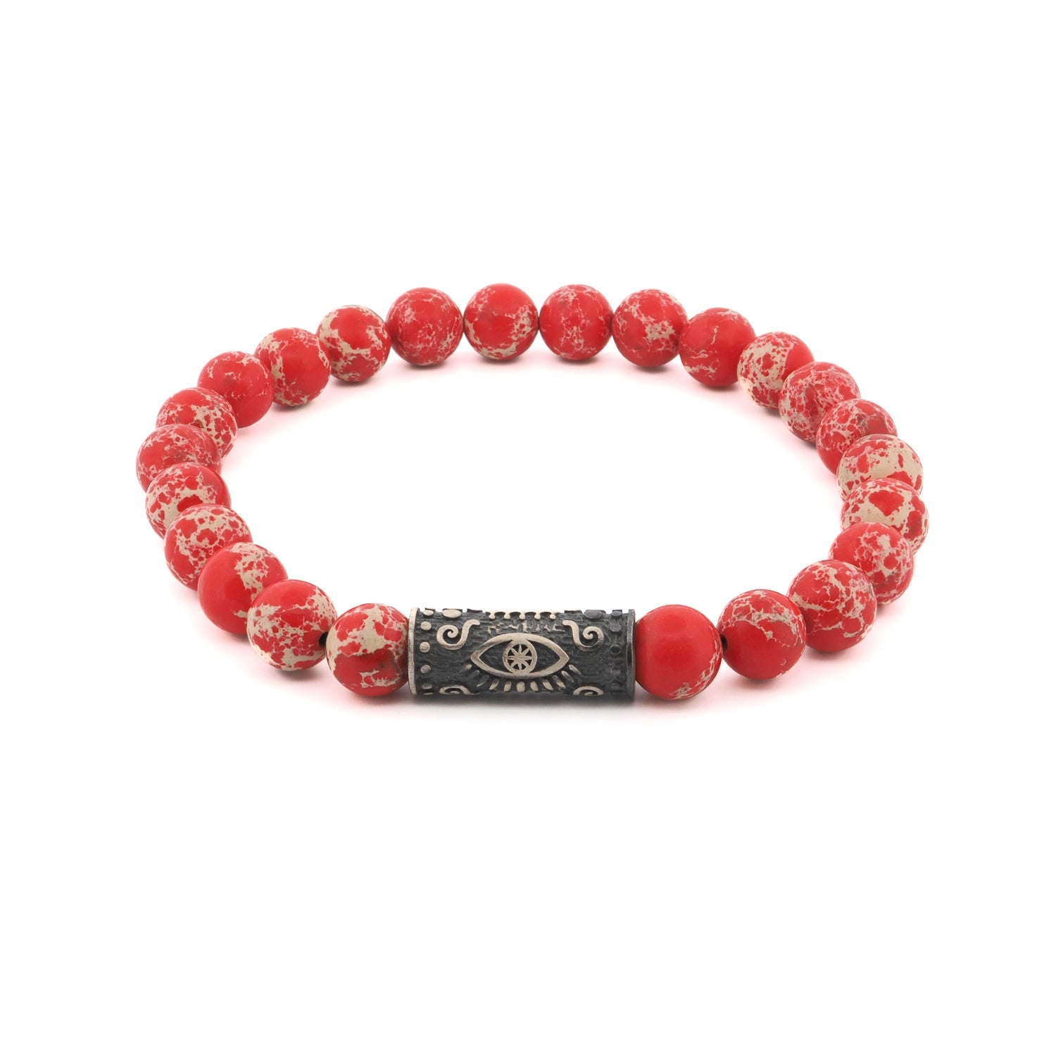 Sterling Silver Evil Eye & Red Jasper Stone Beaded Bracelet featuring vibrant red jasper and a protective silver Evil Eye charm.
