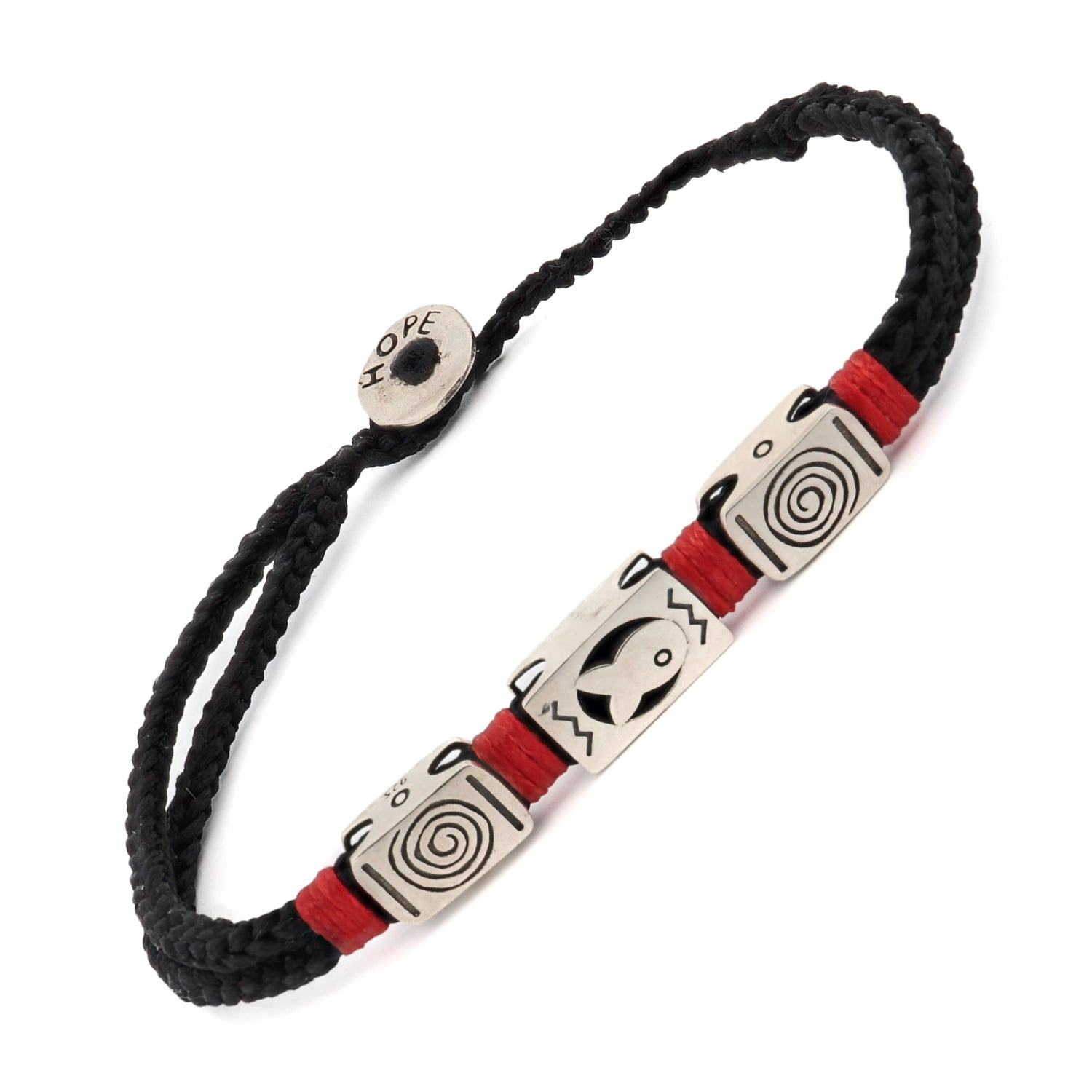Adjustable black woven Hope Bracelet with sterling silver charms symbolizing luck, hope, and the soul's journey.