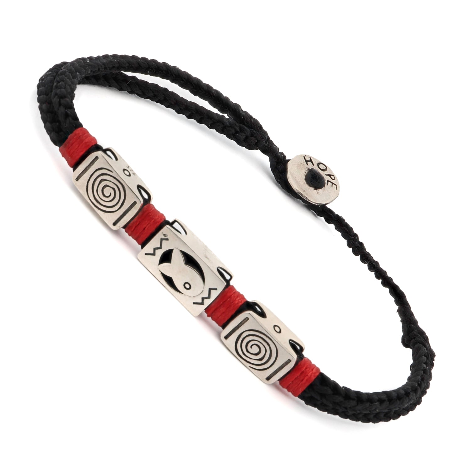 Black woven bracelet with sterling silver fish and spiral soul charms, offering style and deep symbolism.