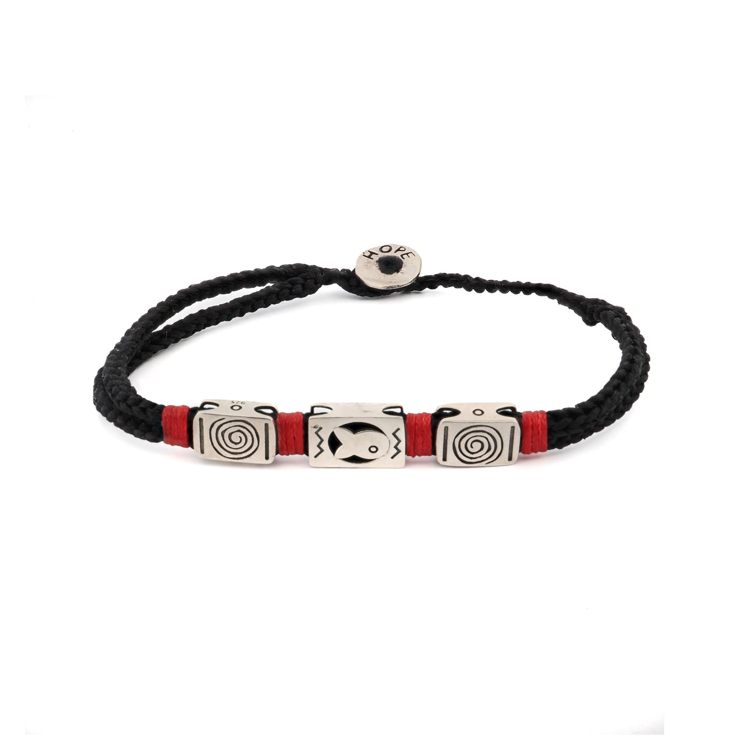 Handmade Sterling Silver Fish & Soul Bracelet with black woven rope and adjustable design for daily wear.