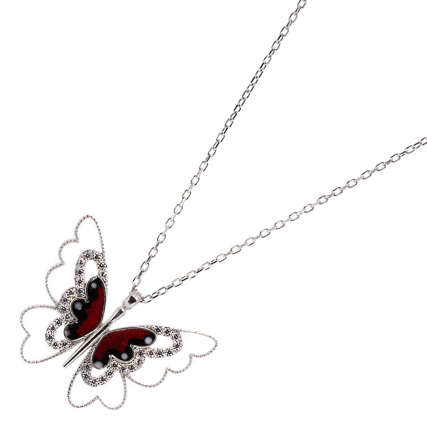 The sparkling zircon stone accentuating the beauty of the Sterling Silver Peace Red Butterfly Necklace.