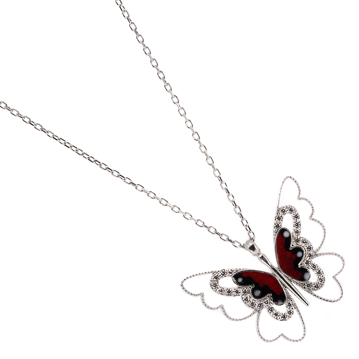 The symbolic Sterling Silver Peace Red Butterfly Necklace, a reminder of love, abundance, and transformation.