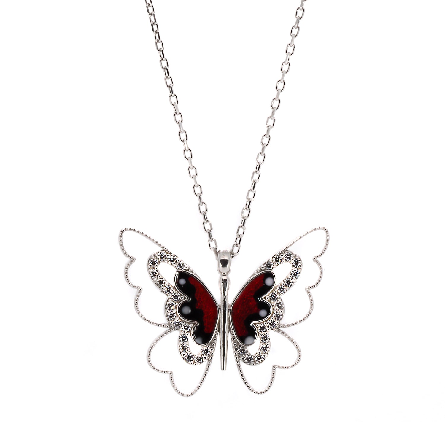 The Sterling Silver Peace Red Butterfly Necklace, a captivating symbol of grace and peace.