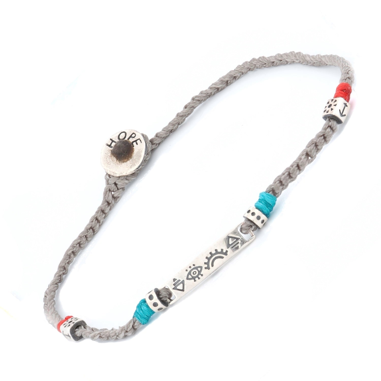 Unique braided bracelet featuring grey rope and sterling silver symbols for spiritual connection and positivity.