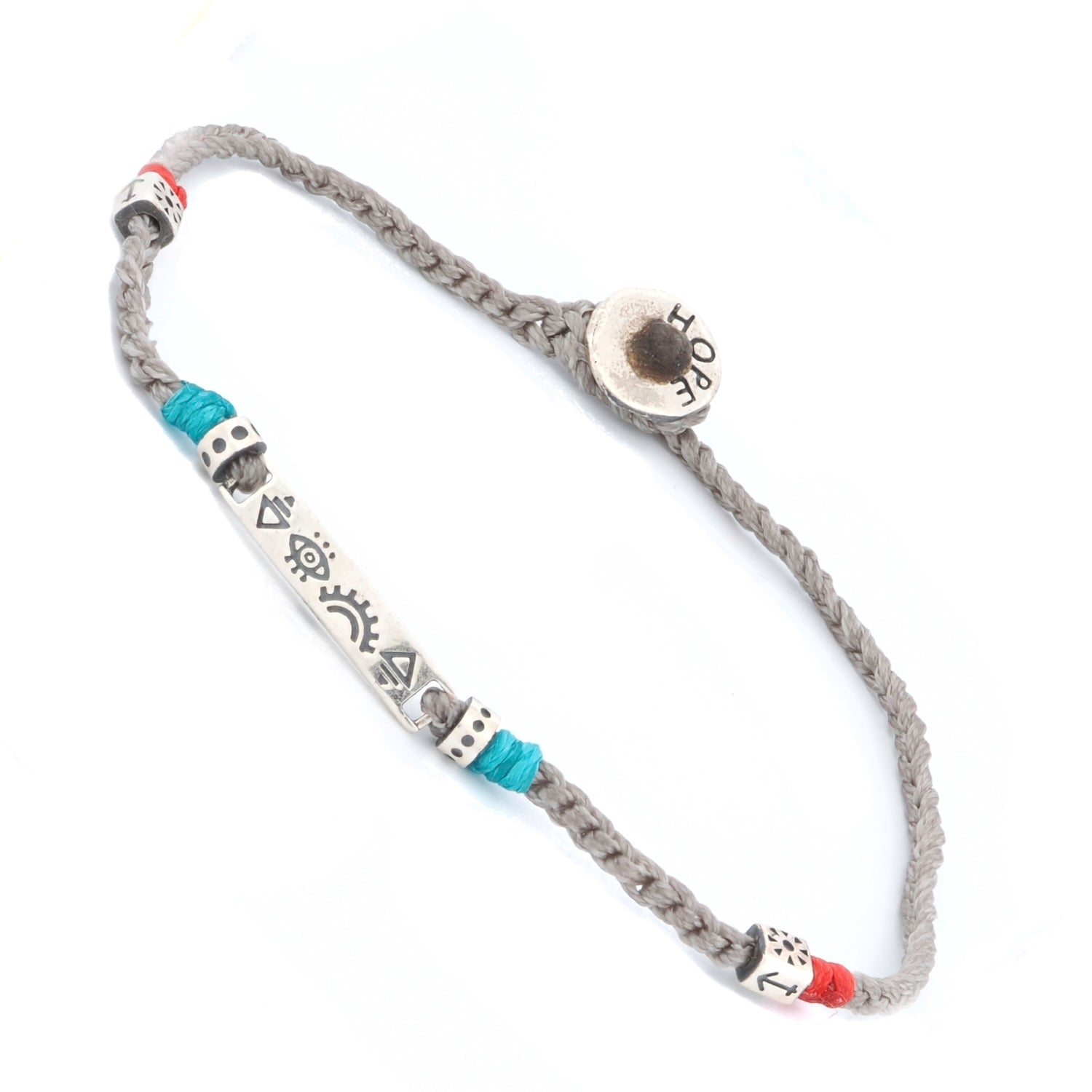Adjustable spiritual bracelet with braided grey rope and sterling silver symbols for a touch of hope.
