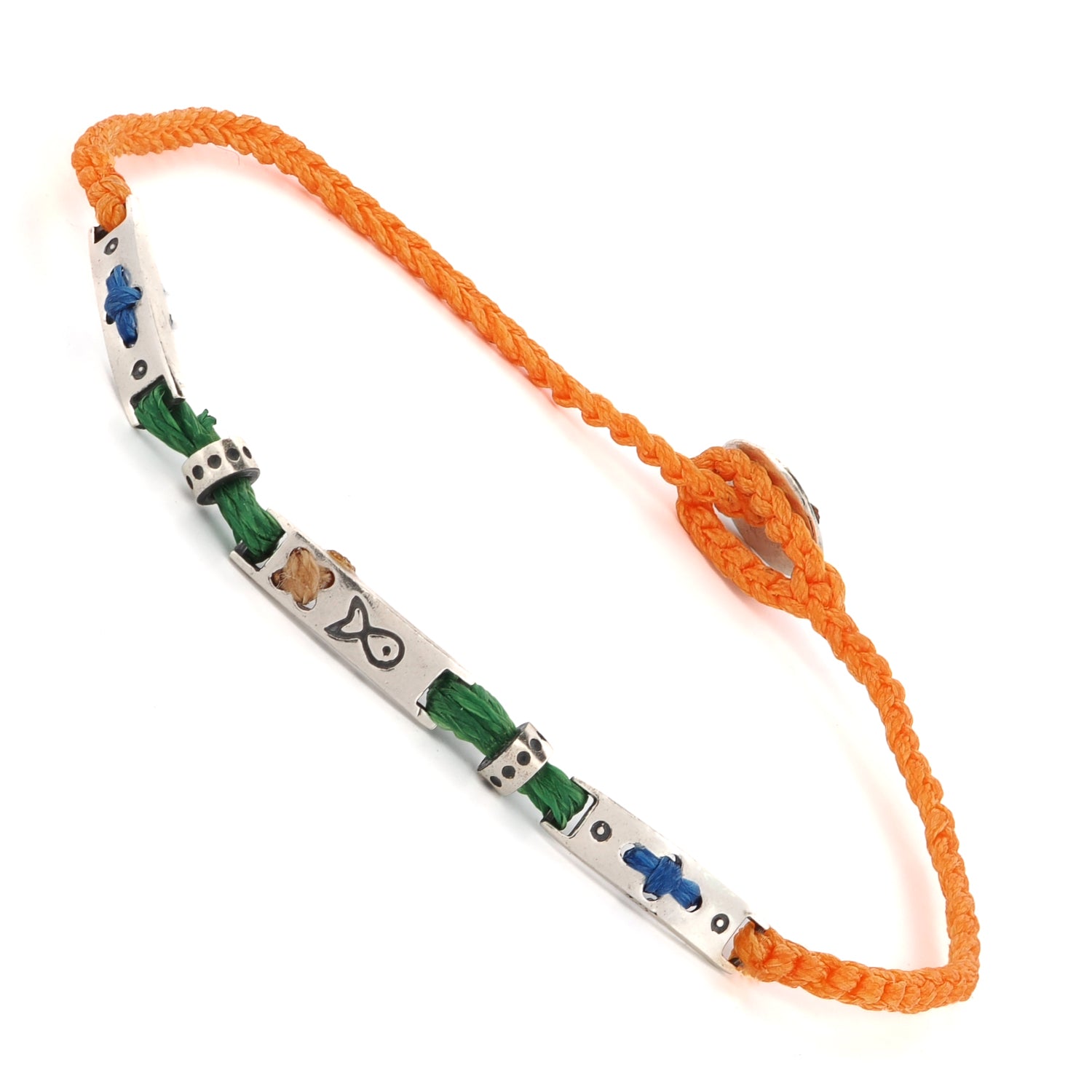 Adjustable orange braided bracelet featuring sterling silver symbols and a "Hope" clasp for positivity and inspiration.