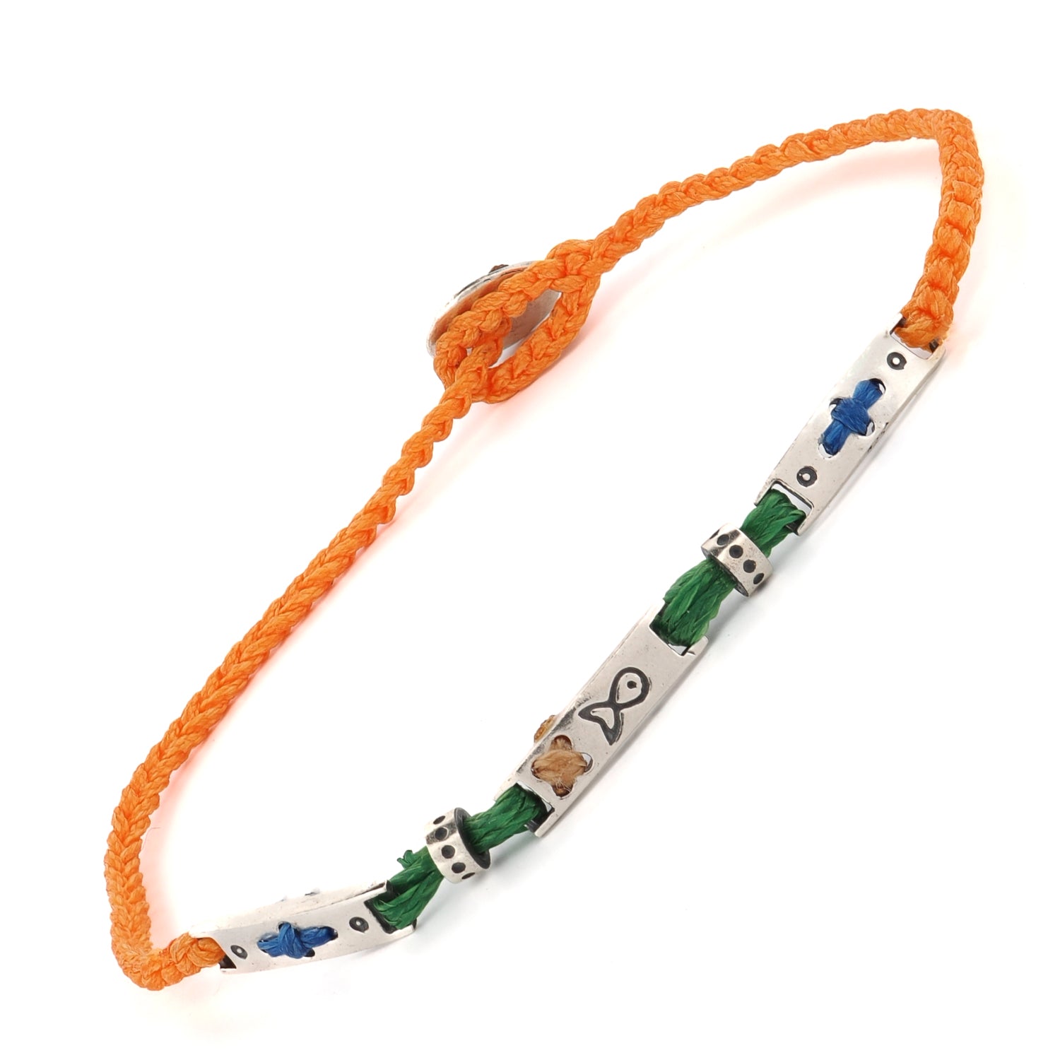 Chic spiritual bracelet with an orange braided design and sterling silver symbols symbolizing hope and upliftment.