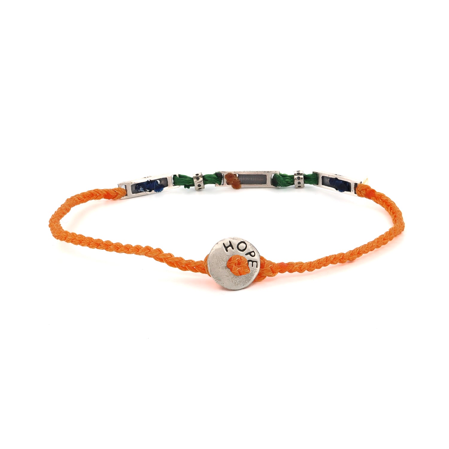 Close-up of a woven orange bracelet with sterling silver symbols and an inscribed "Hope" connector clasp.