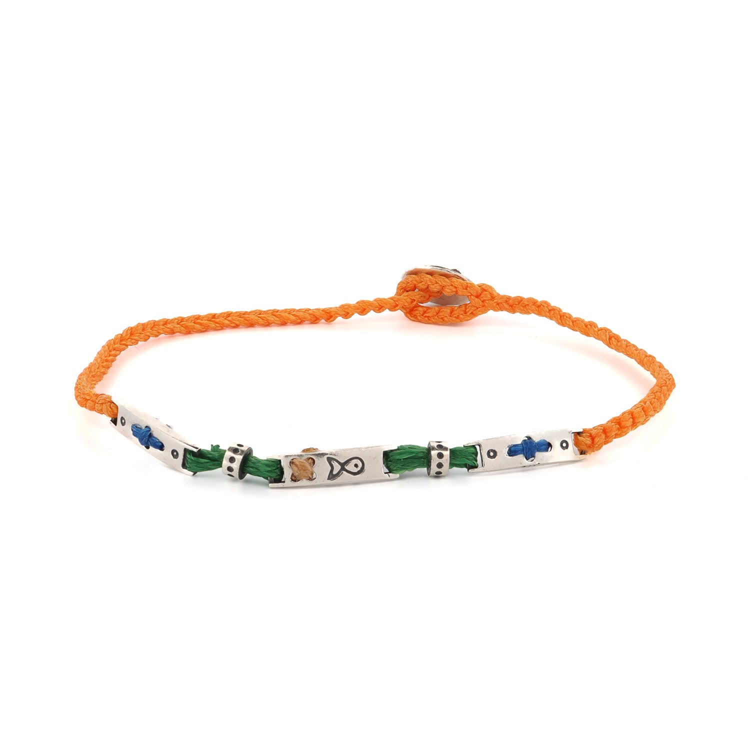 Sterling Silver Spiritual Symbols Orange Woven Hope Bracelet featuring a braided orange rope and silver spiritual charms.