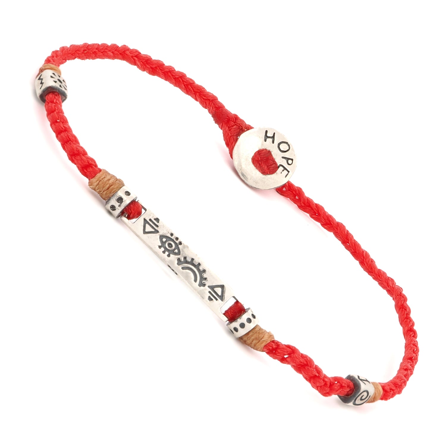Stylish red rope bracelet with sterling silver spiritual charms and an adjustable braided design.