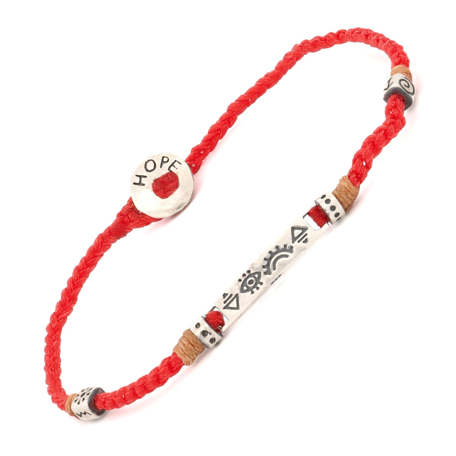 Adjustable red woven Hope Bracelet with sterling silver spiritual symbols and a "Hope" clasp for daily wear.