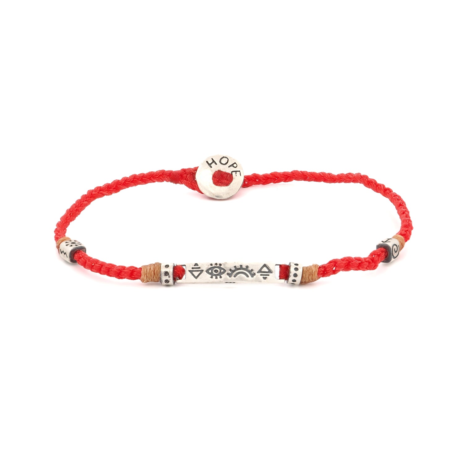 Sterling Silver Spiritual Symbols Red Woven Hope Bracelet featuring a braided red rope and sterling silver charms.