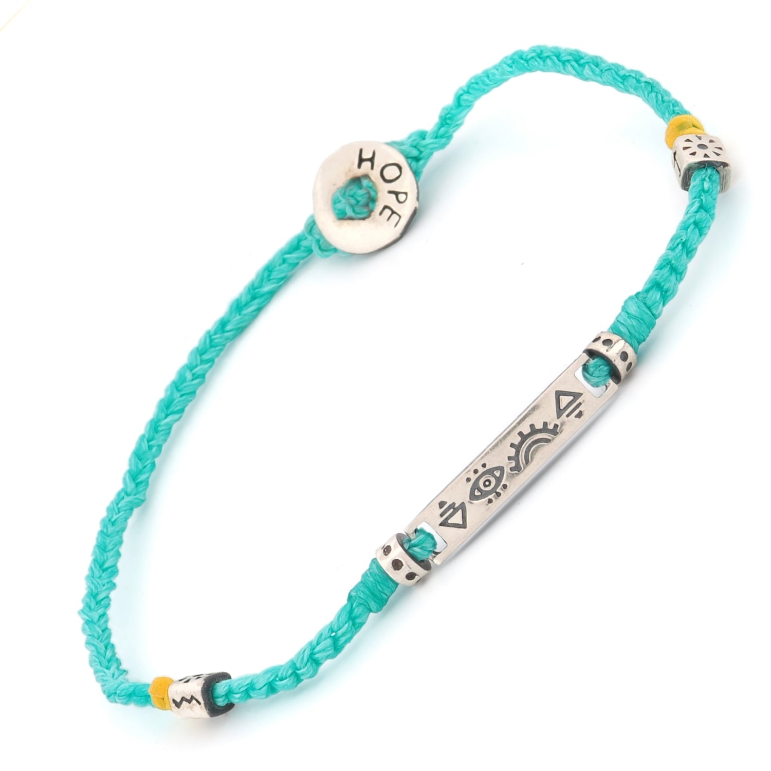 Adjustable Hope Bracelet featuring turquoise woven rope and sterling silver charms for positivity and spirituality.
