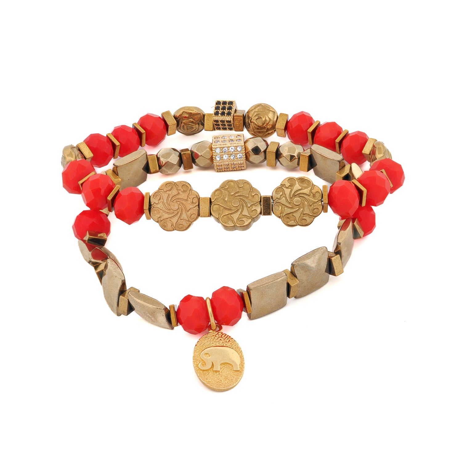 Strength and Grace red energy elephant charm bracelet set with gold and red beads on white background