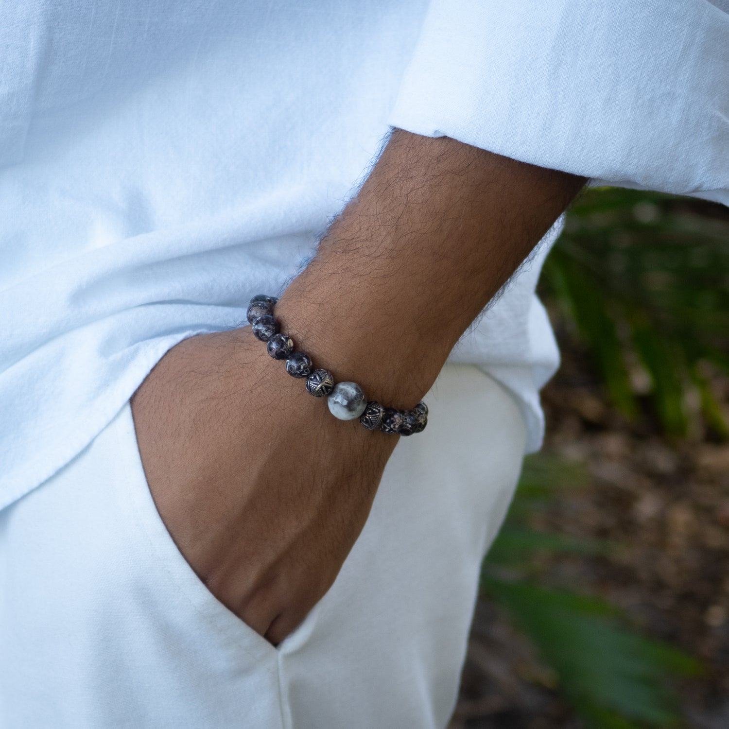 Brown jasper men's bracelet with tribal silver beads and bold agate centerpiece, handmade.