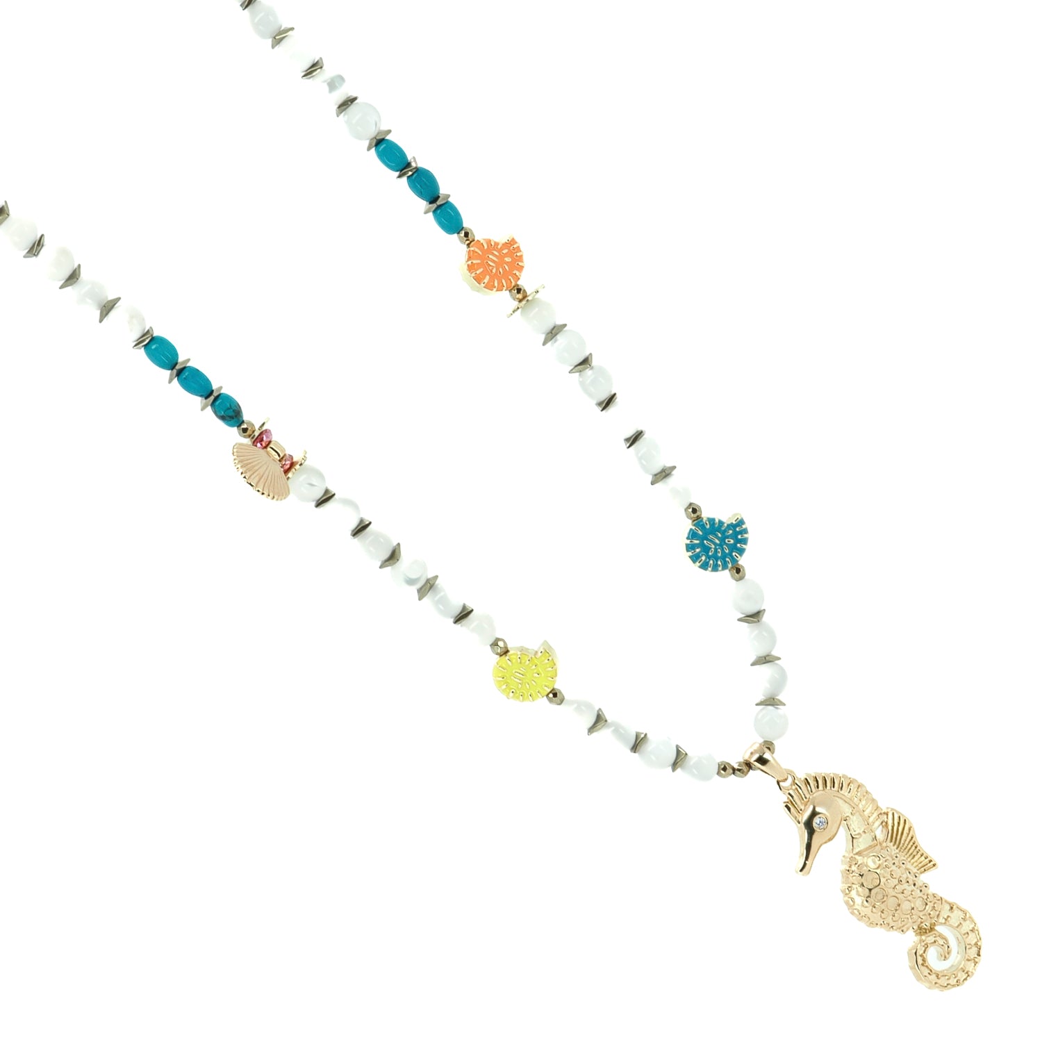 Necklace with enamel shell charms and bold centerpiece for seaside fashion lovers
