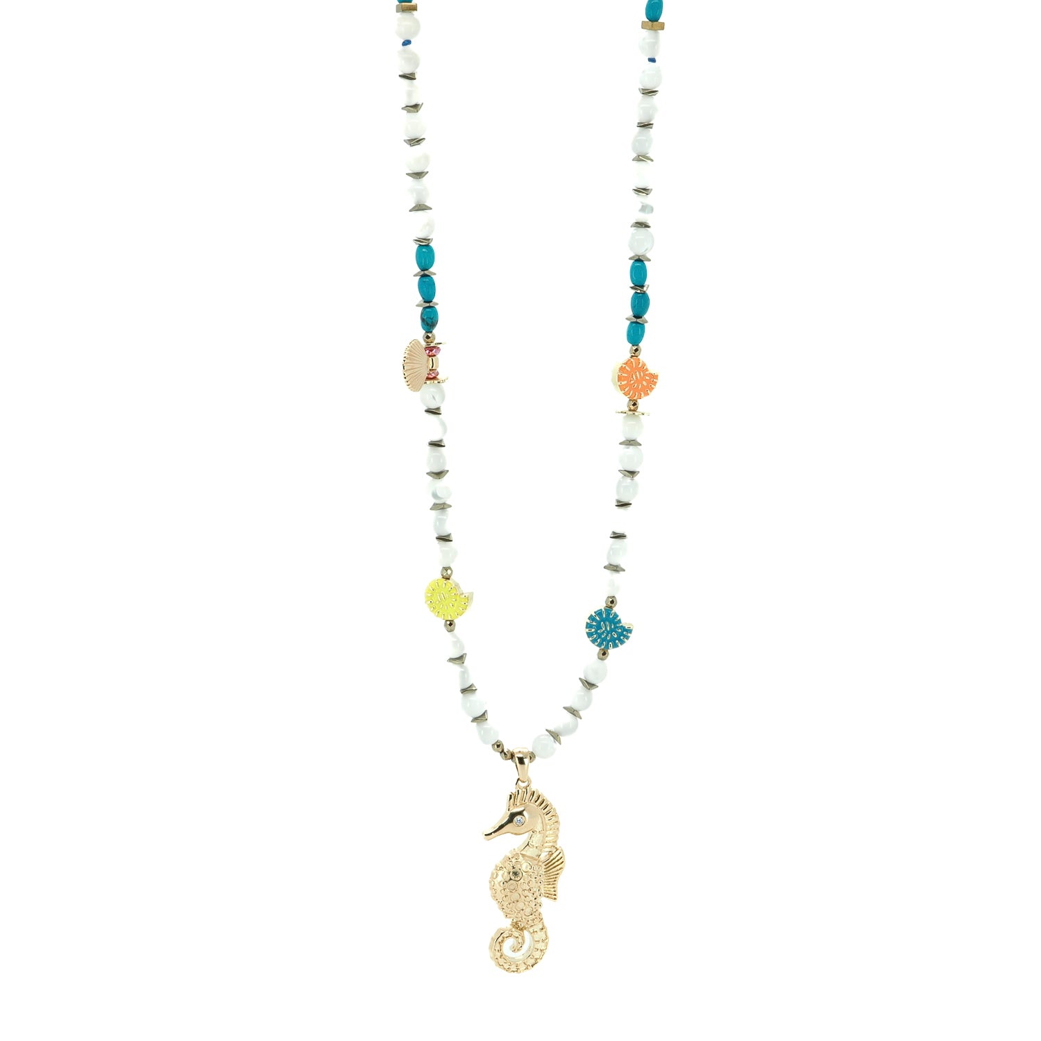 Boho-chic summer necklace with 32-inch length and playful bead design