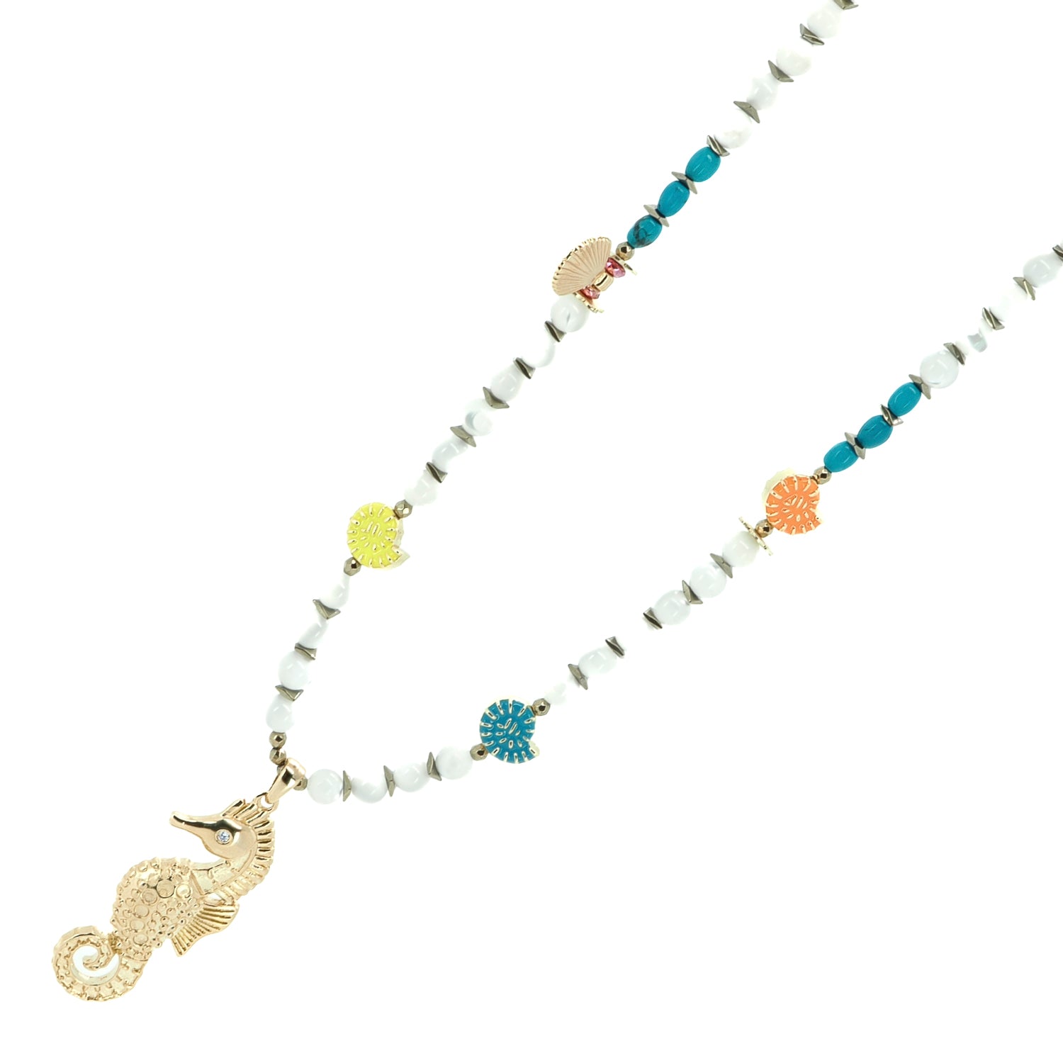 Shimmering long necklace with white, gold, and turquoise tones for beach lovers