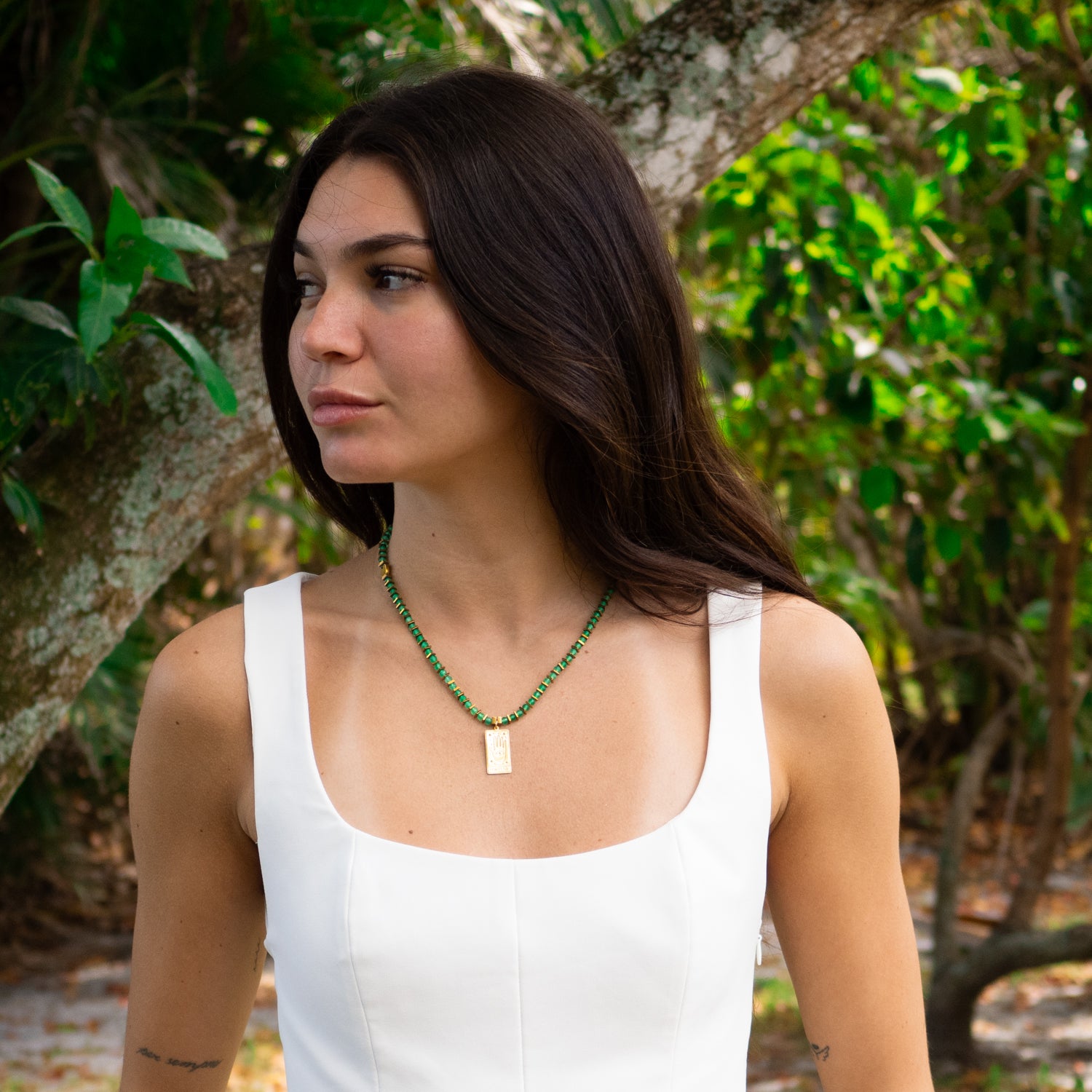 Tarot Good Fortune Gold Pendant Green Beaded Necklace