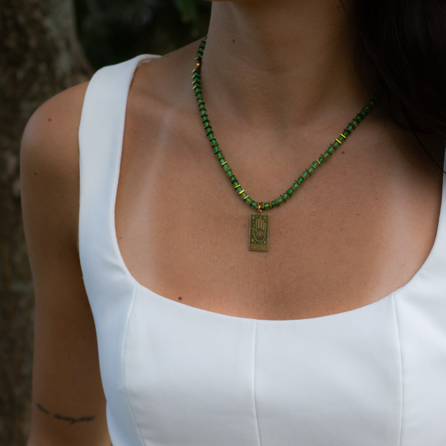 Tarot Good Fortune Gold Pendant Green Beaded Necklace