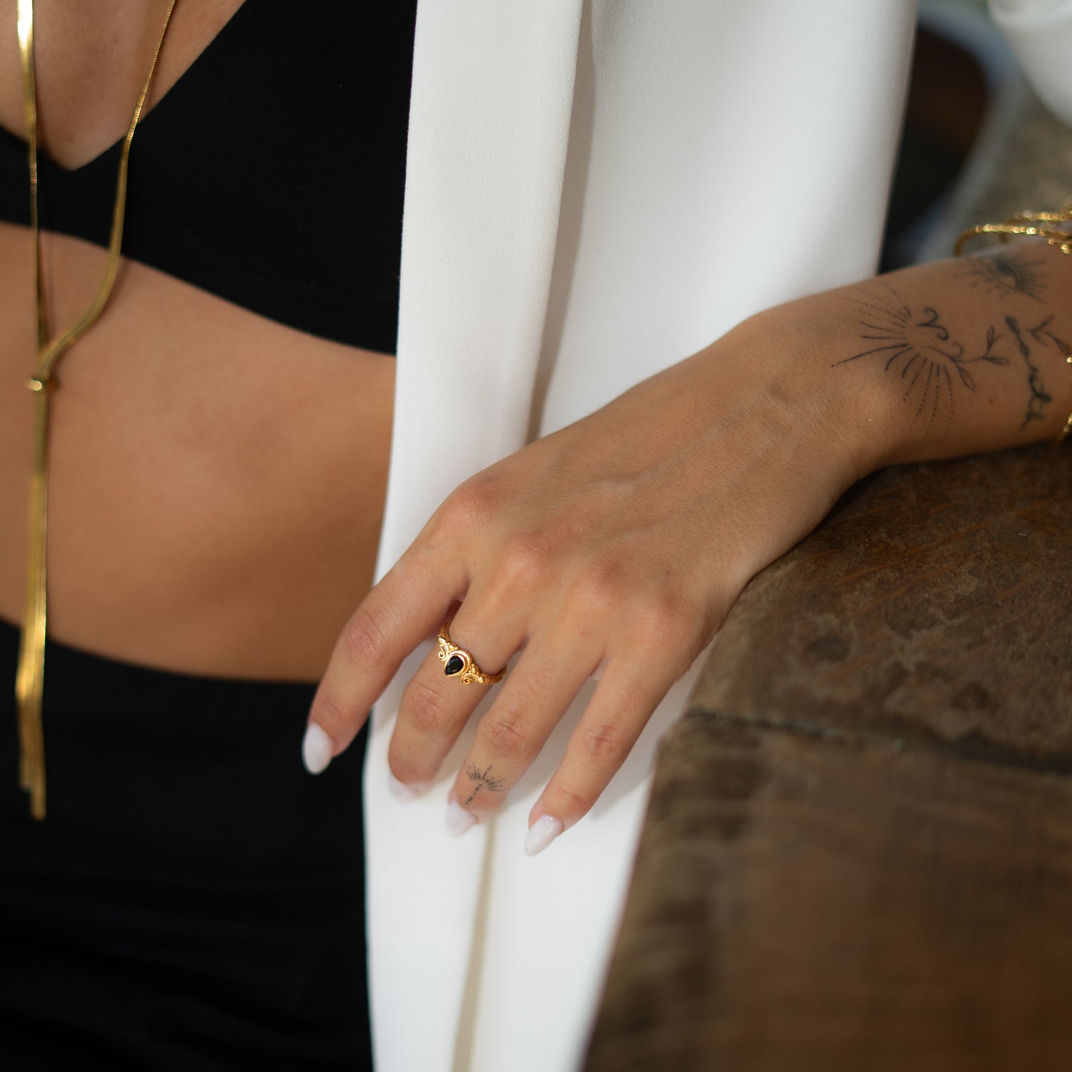 Teardrop Black Onyx Gemstone Gold Ring